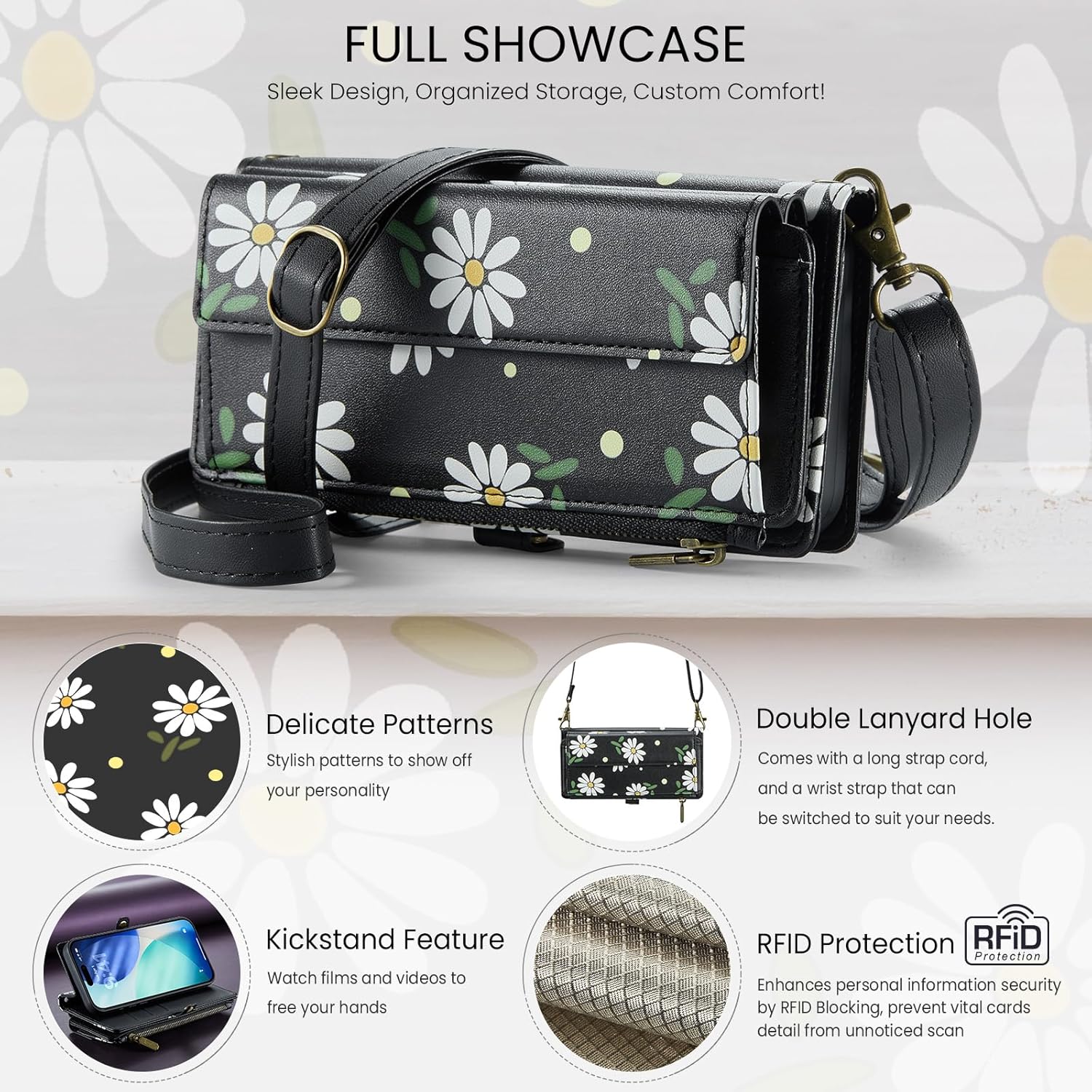 for iPhone 17 Pro Max Case Wallet with RFID Blocking Card Holder Colored Drawing PU Leather Magnetic Snap Flip Zipper Strap Wallet Phone Case Fit for iPhone 17 Pro Max,Daisy