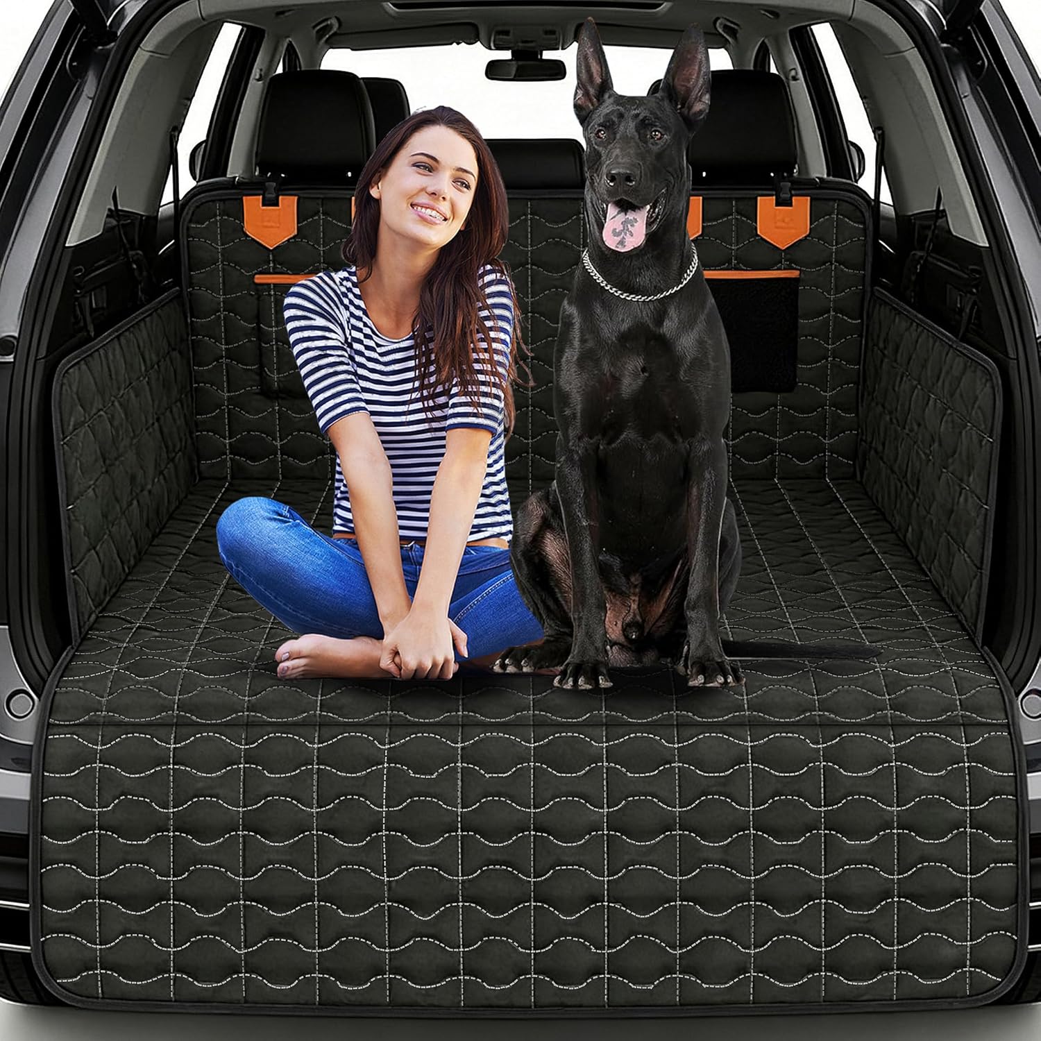 SUV Cargo Liner for Dogs, Waterproof Dog Trunk Cover with Bumper Flap Protector, Pet Cargo Mat for SUVs Sedans Vans, Non-Slip Scratchproof Dog Seat Cover，Large Size Universal Fit, Black