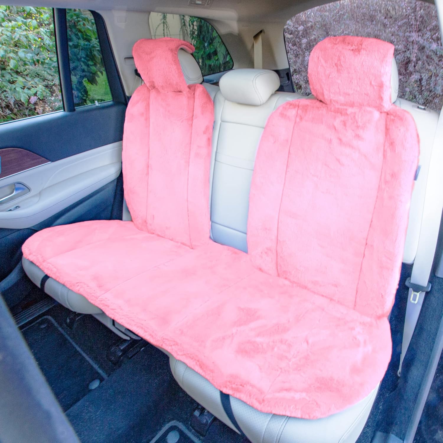 FH Group Doe16 Faux Rabbit Fur Car Seat Cushions, Universal Fit, Fluffy Car Seat Covers for Sedan, Truck, SUV, Van, Rear Set Pink