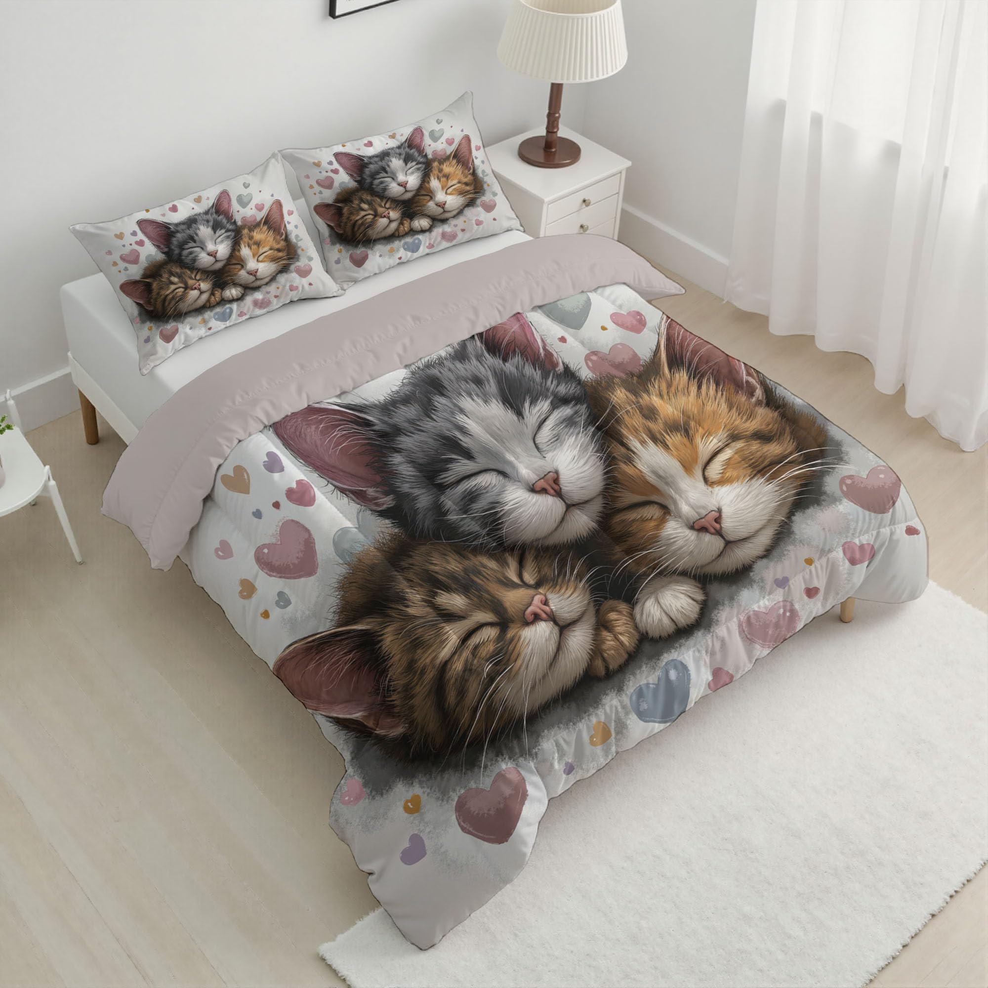 Trapunta Letto Singolo 4 Stagioni Piumone per Bambini, Cartone Animato Tre Gatti Leggero Carini Animali Set di Biancheria da Letto 140x200cm con 1 Federe,Piumino Lavabile In Lavatrice