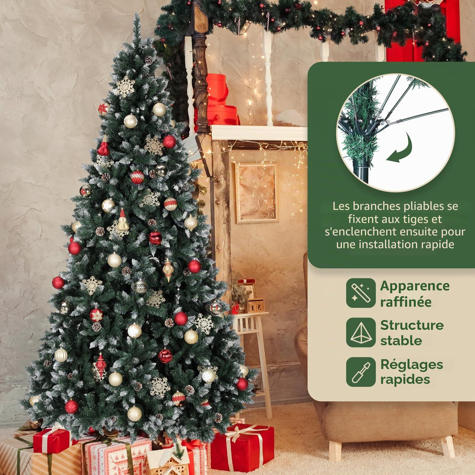 LIFERUN Sapin de Noël Artificiel 150cm, Sapin Nordmann Premium, Arbre de Noël Artificiel avec Neige Artificielle et 28PCS Vrais Cônes, 676 Branches, Aspect Hivernal, Socle en Bois, pour Noël