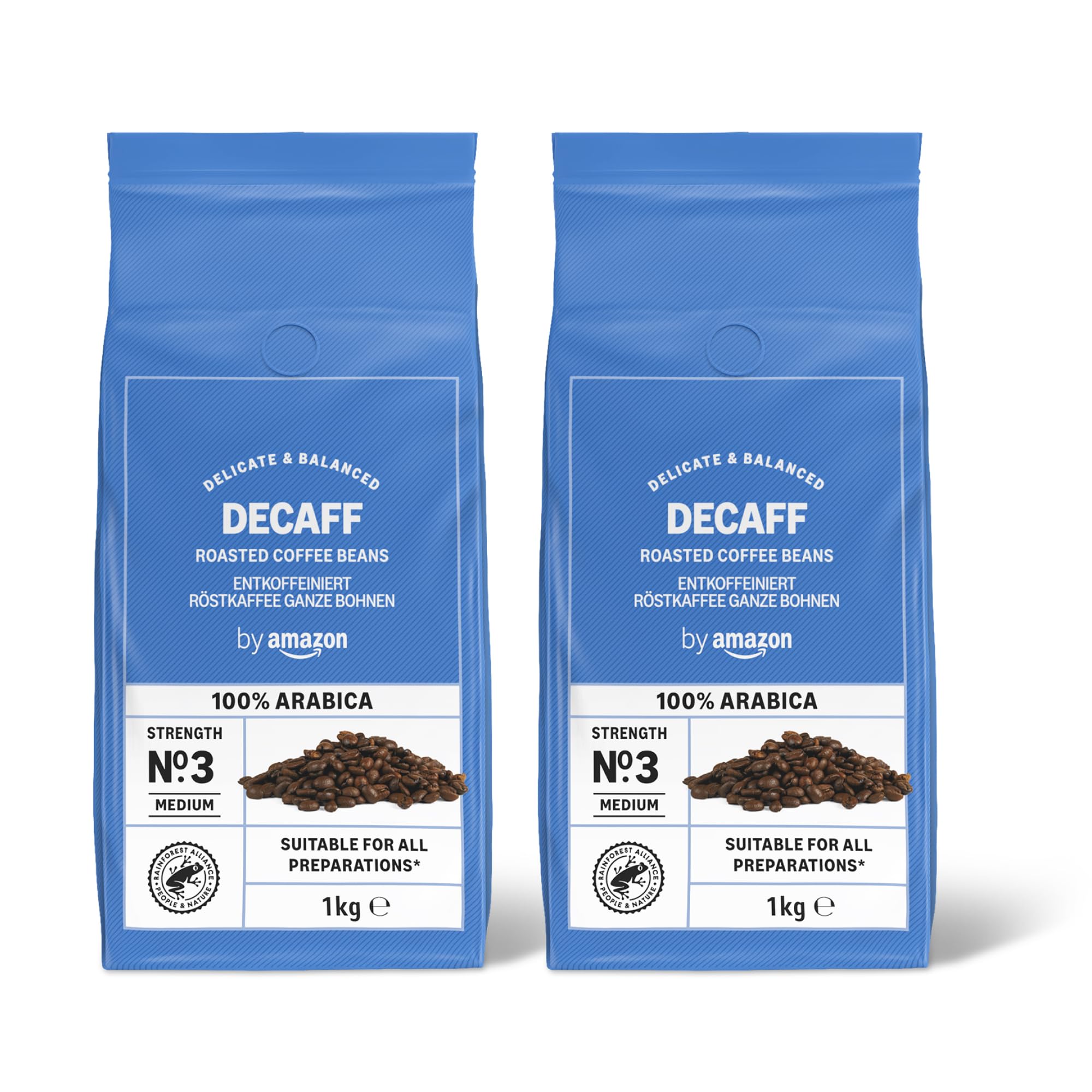 by Amazon Kaffeebohnen, Entkoffeiniert, Lichte Röstung, 2 kg (2 Packungen mit 1 kg), Rainforest Alliance Zertifiziert
