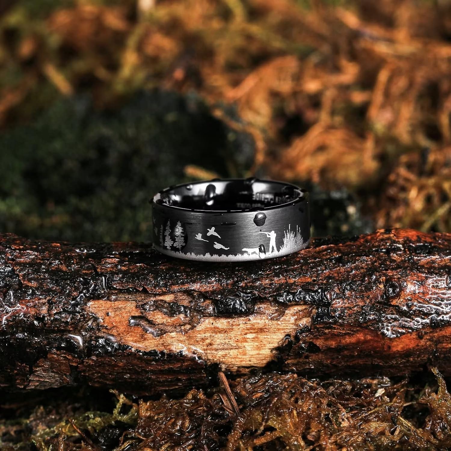 King Will Mens 6mm 8mm Black Silver Tungsten Carbide Wedding Bands Inlay Lasered Seagull/Forest Landscap/Panda/Deer/Hunting/Fly Fishing Brushed Wedding Rings for Men Women