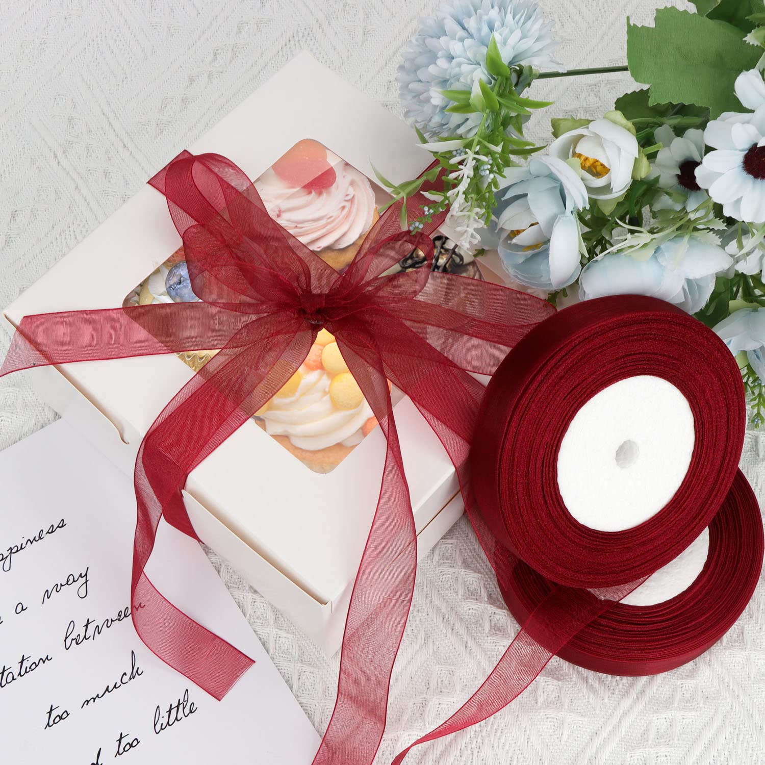 OWill 2 Rollen Geschenkband Weihnachten,20mm x 90m,Satinband rot,schleifenband Weihnachten,Transparente chiffonbänder weihnachtsbänder für geschenkverpackungen,Weihnachtsbaum,Schleifen