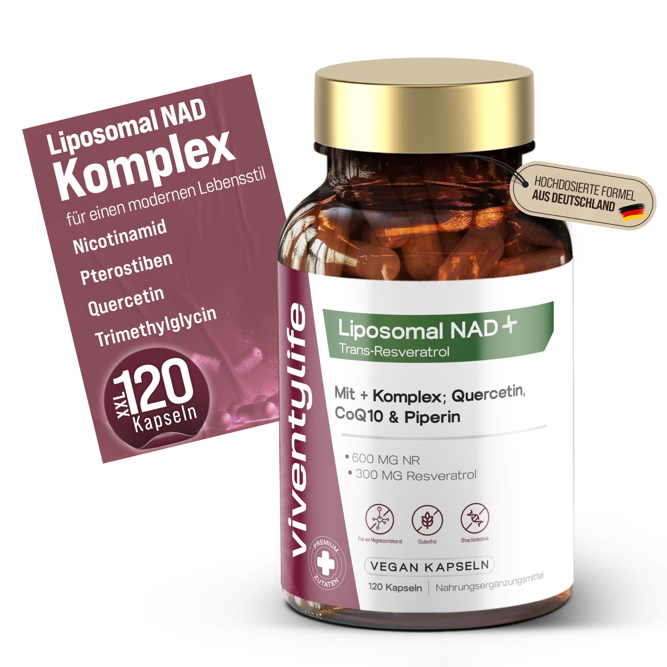 Liposomal NAD+ Komplex Nicotinamid-Ribosid mit Resveratrol, Quercetin, Coenzym Q10, TMG, Piperin und Vitamin D3 & B2-120 Vegan Kapseln