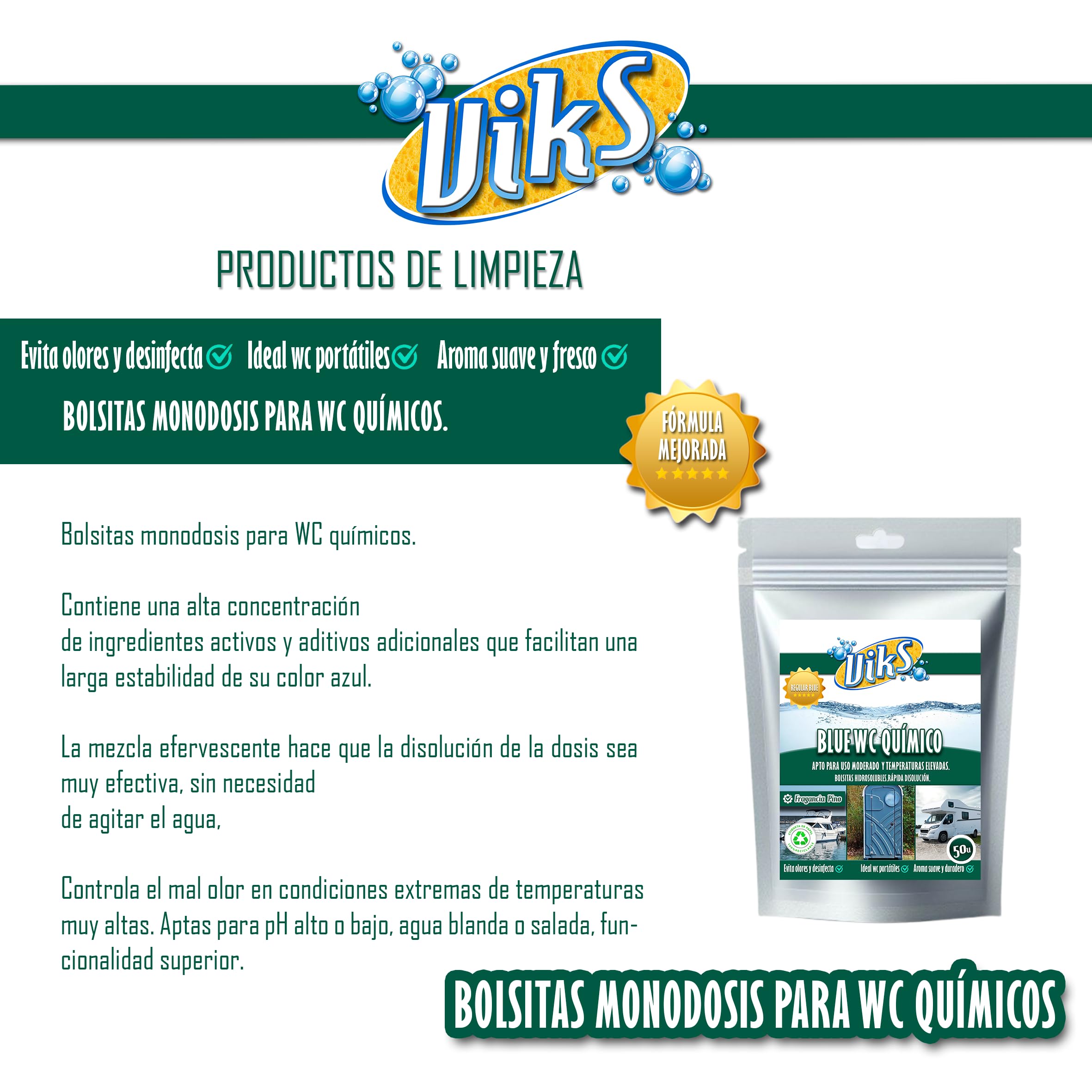 Viks | Pastillas azules para WC | 50 ud UltraPotentes | Eliminación Deshechos Orgánicos y Papel | Desodorizante para Caravanas, Baños portatiles, Potty | Fragancia Bosque