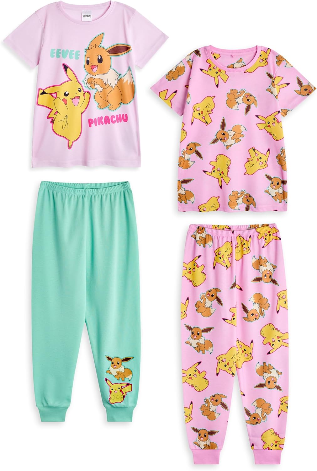 Pokemon Girls Pajama Set | Kids Pikachu & Eevee Graphic Short Sleeve Top & Long Leg PJ Bottoms in Pink & Green Children