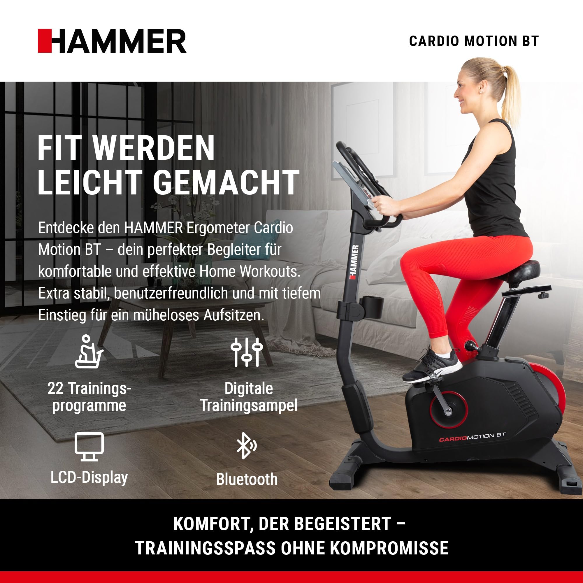 HAMMER Ergometer Cardio Motion BT, leises Fitnessfahrrad mit tiefem Einstieg und Comfort-Sattel, geeignet als Heimtrainer für Senioren, Bluetooth und App-Steuerung, Tablethalterung, 110 x 52 x 140 cm