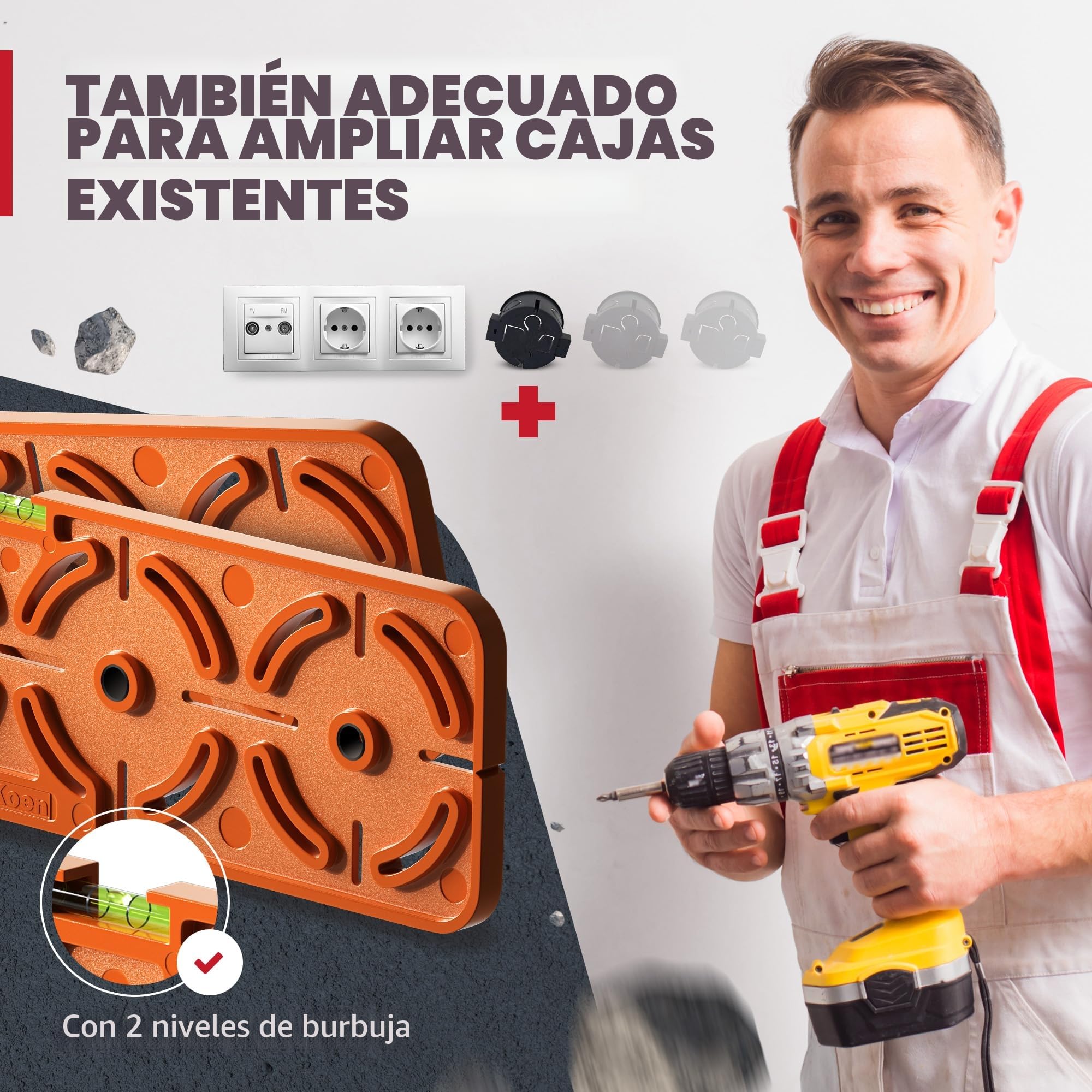 Plantilla de perforación para enchufe, caja de interruptor, caja de pared hueca, 71 mm de distancia, nivel de burbuja para instalación eléctrica en materia prima y paneles de yeso, MaKoen