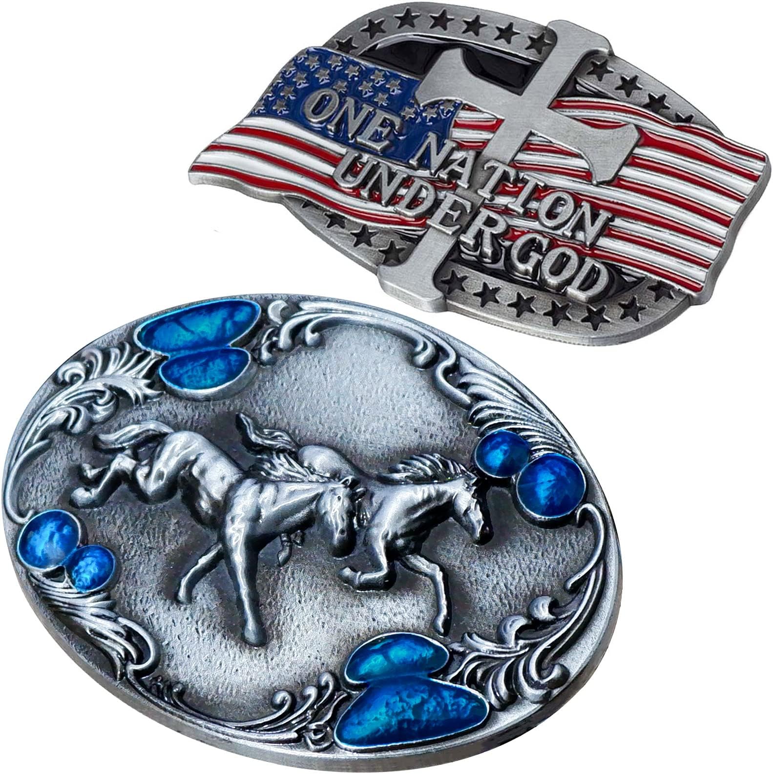 rnuieWestern Cowboy Belt Buckle for Men(2 Pieces),Vintage Metal Horse Belt Buckle and American Flag Cross Belt Buckle (Two Horses)