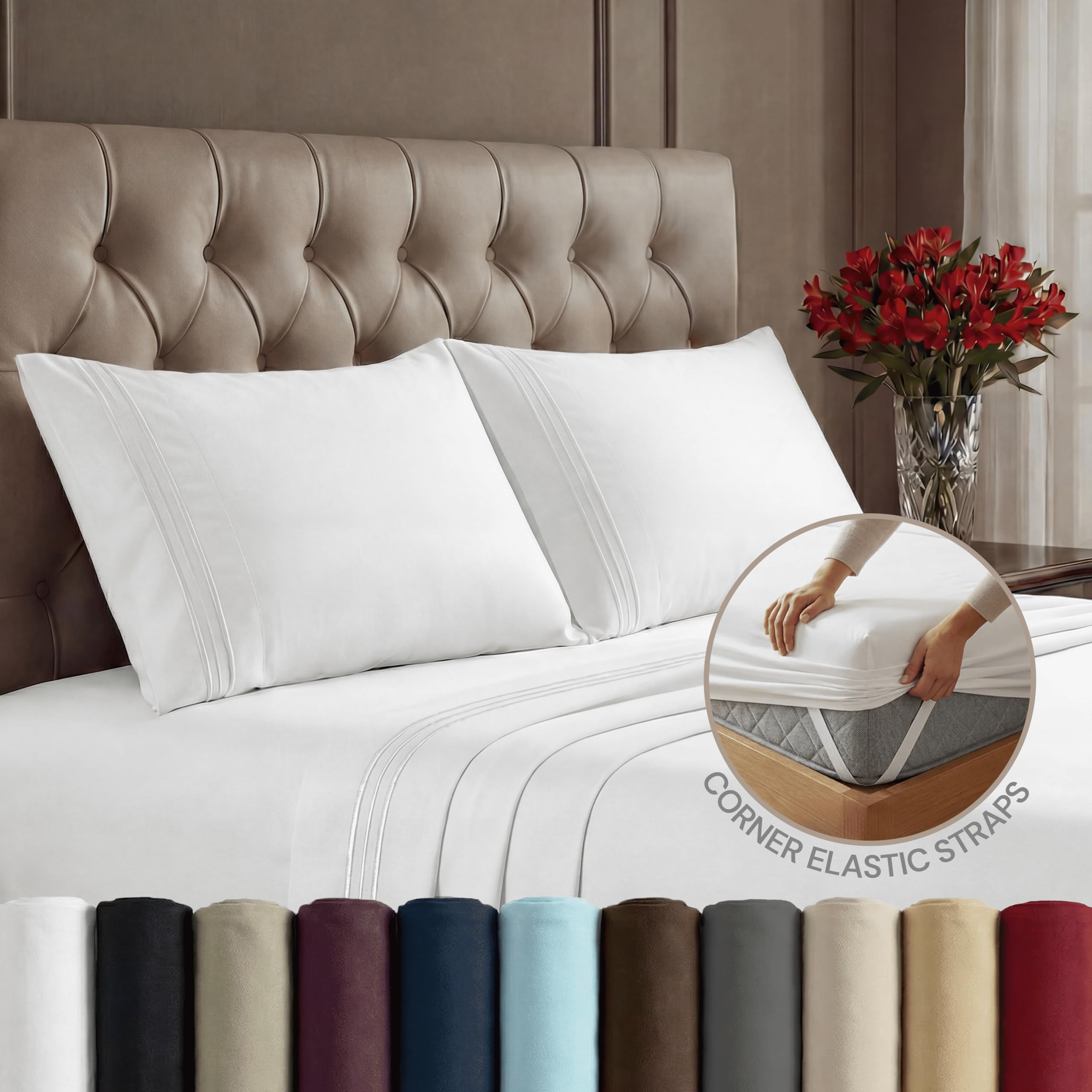 Danielco Home Products Bed Sheet Sets - Stay fit on Mattress with Elastic Straps at Corners - King, White