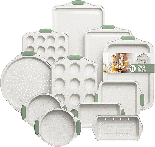 Juego de 11 piezas para hornear no tóxico, utensilios de cocina antiadherentes apilables con asas resistentes al calor, incluye bandeja para