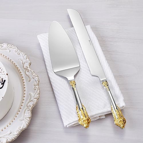 Miniatura 2 de KEAWELL Magnífico juego de cuchillos y servidor para pastel de boda, acero inoxidable 1810, juego de corte de pastel de lujo fino (acento dorado)
