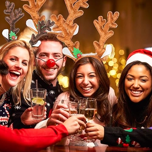 Miniatura 6 de HANSGO Diadema de cuernos de reno, 2 diademas de cuernos de ciervo con campanas, diadema de orejas de reno de Navidad