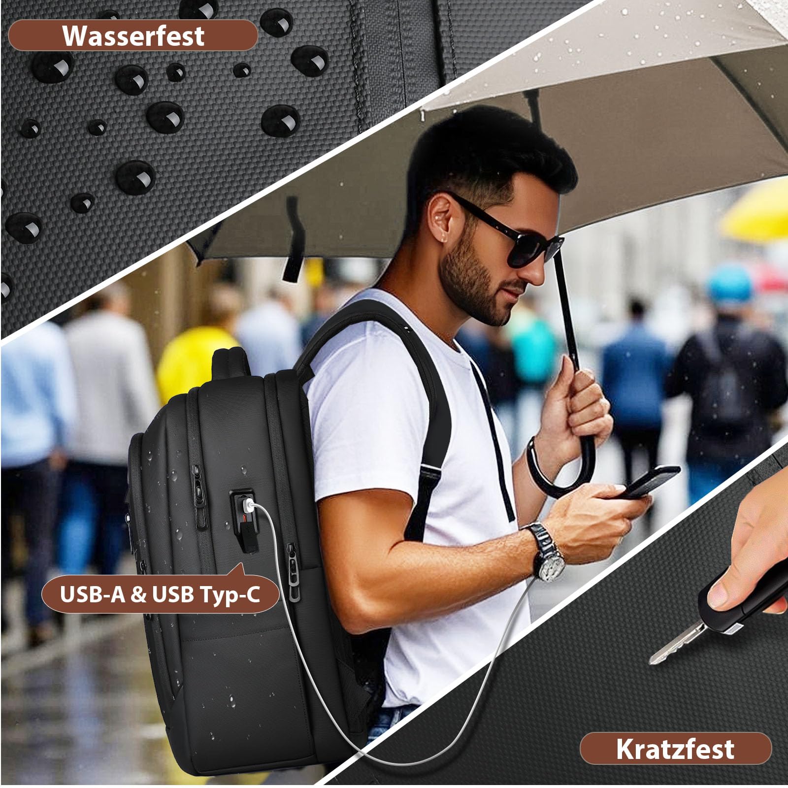 hk Business Laptop Rucksack Herren 15,6 Zoll mit Laptopfach | Wasserabweisender Antidiebstahl Rucksack mit USB-Ladeanschluss, großem Stauraum für Pendeln, Büro, Reisen und Geschäft