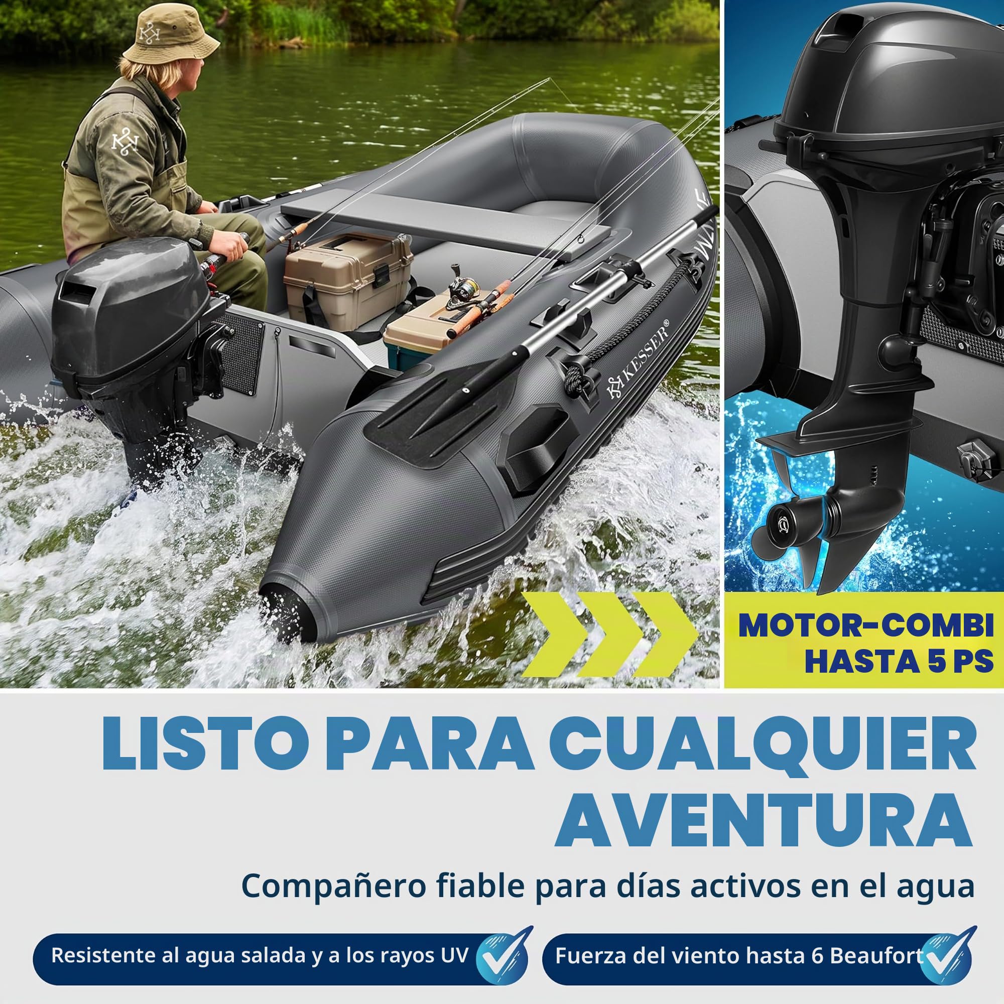 KESSER® Bote inflable Wave de 230 a 380 cm, juego de 6 piezas – barco + banco, bomba de aire, remo, kit de reparación, bolsa, bote de pesca, bote de remo pequeño y grande – combinación de motor