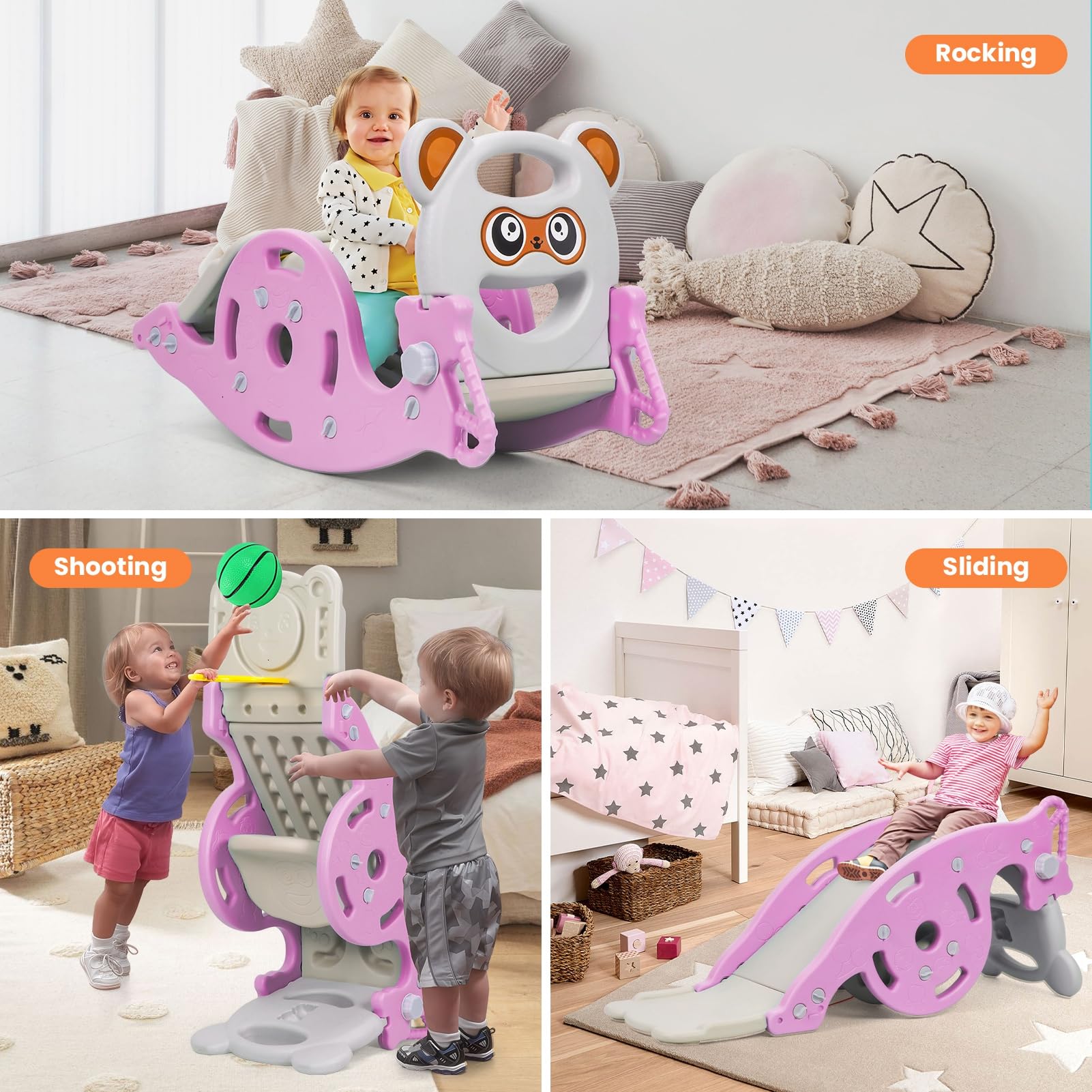 Cheval À Bascule 4-en-1 avec Toboggan Et Panier De Basket, Jouet Bébé Convertible pour Enfants, Cadeau Enfant pour Intérieur Et Extérieur Rose