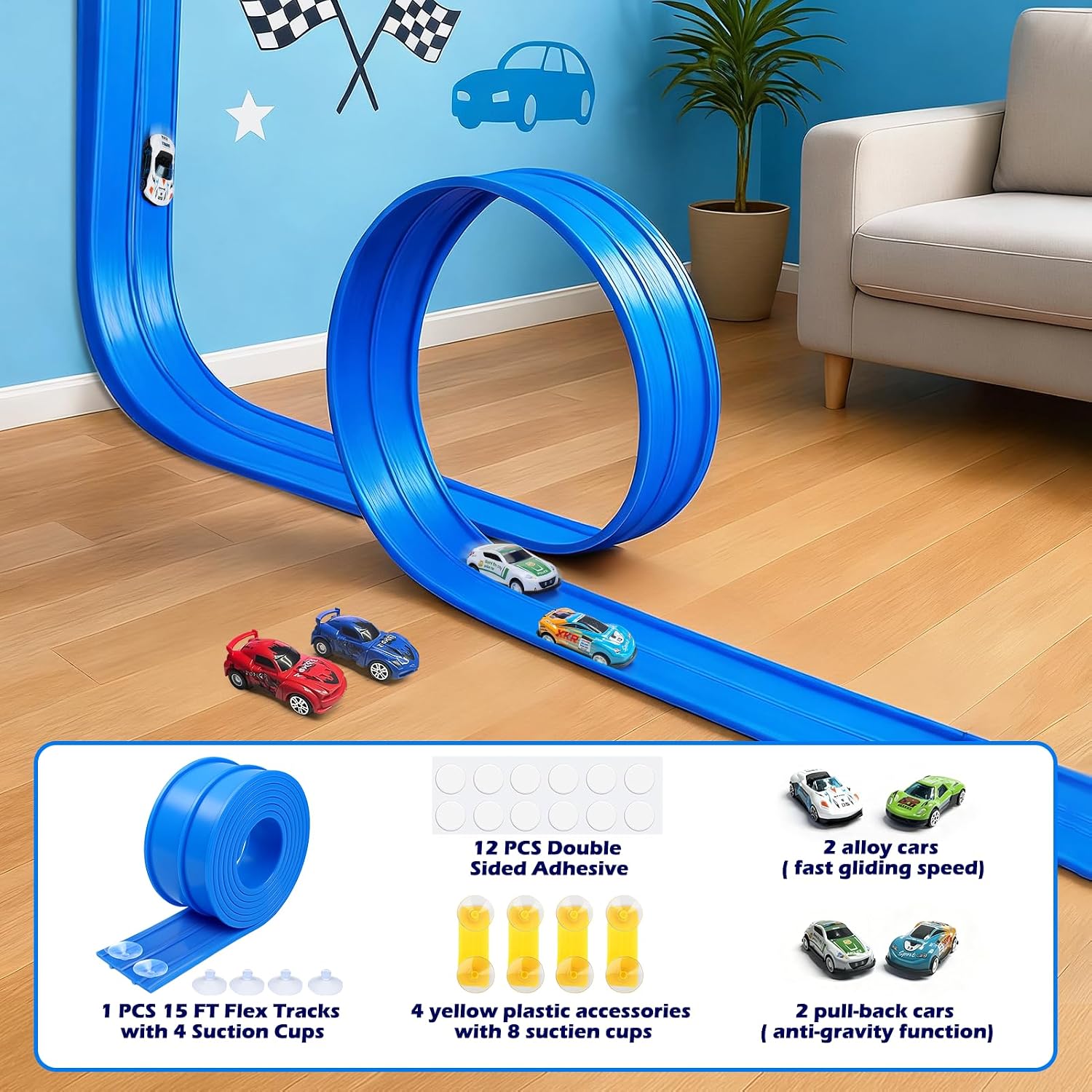 Flexible Race Track for Kids, Car Track Set for Hot Wheels Cars with Adhesive Pads, 2 Pull-Back Cars, 2 Alloy Racers & Bendable Car Ramp for Toddlers, Easy Storage, Indoor Car Ramp Fun for Ages 3–8