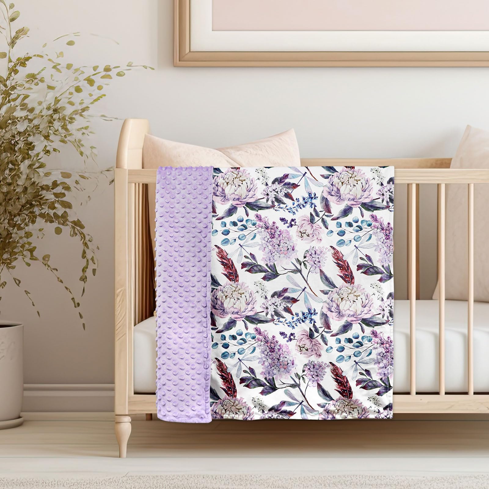Mantas moradas para bebé, manta floral Minky para niños y niñas, respaldo punteado, doble capa, manta de recepción de cuna, para guardería, cochecito, cama de niño pequeño, asiento de coche