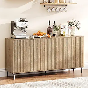 63" Fluted Sideboard Buffet Cabinet with 4 Doors, Modern Accent Storage Cabinet with Adjustable Shelves and Metal Legs, Console Table Coffee Bar Credenza for Living Room Dining Room- Natural Oak