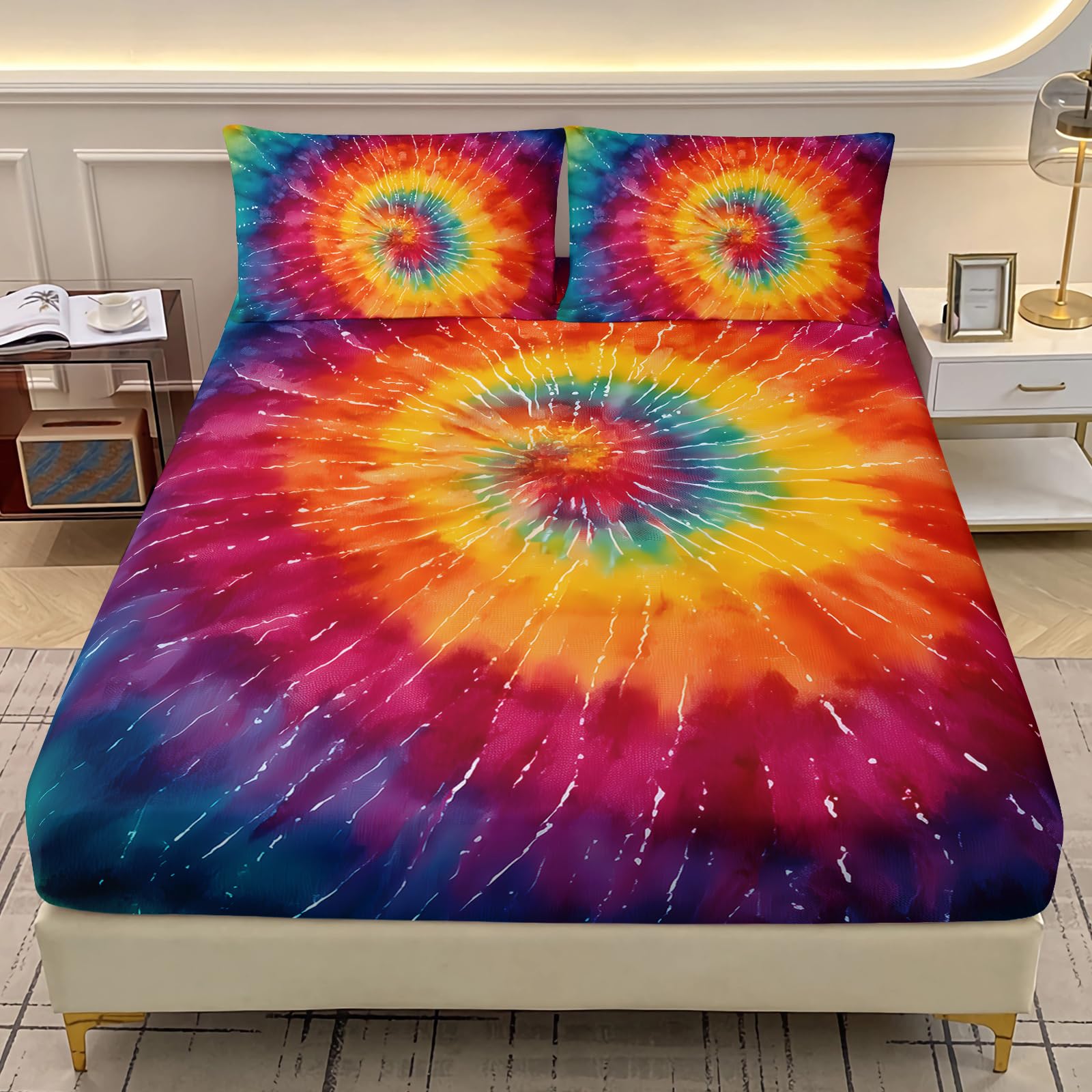 AILONEN Rainbow Tie-Dye Bedding Set Twin XL Size for Kids Teens Adults,Colorful Spiral Fitted Sheet with 2 Pillowcases,3Pcs Boho Psychedelic Bed Sheet Set for All Season