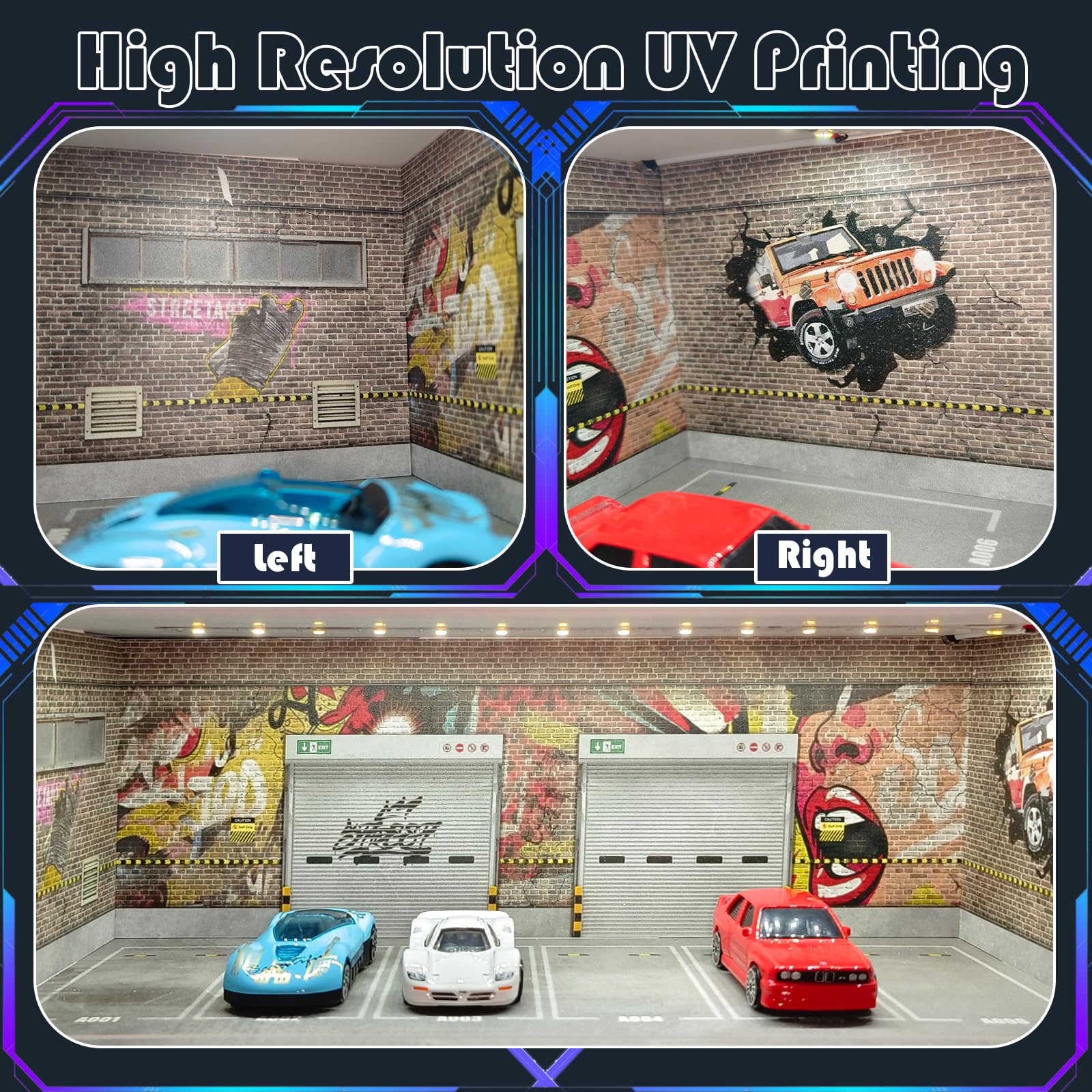 Saichotoy Vitrine pour Hot Wheels : garage de stationnement empilable pour boîte d'allumettes à l'échelle 1/64, rangement en mousse pour camions monstres avec lumière LED et couvercle acrylique, cri