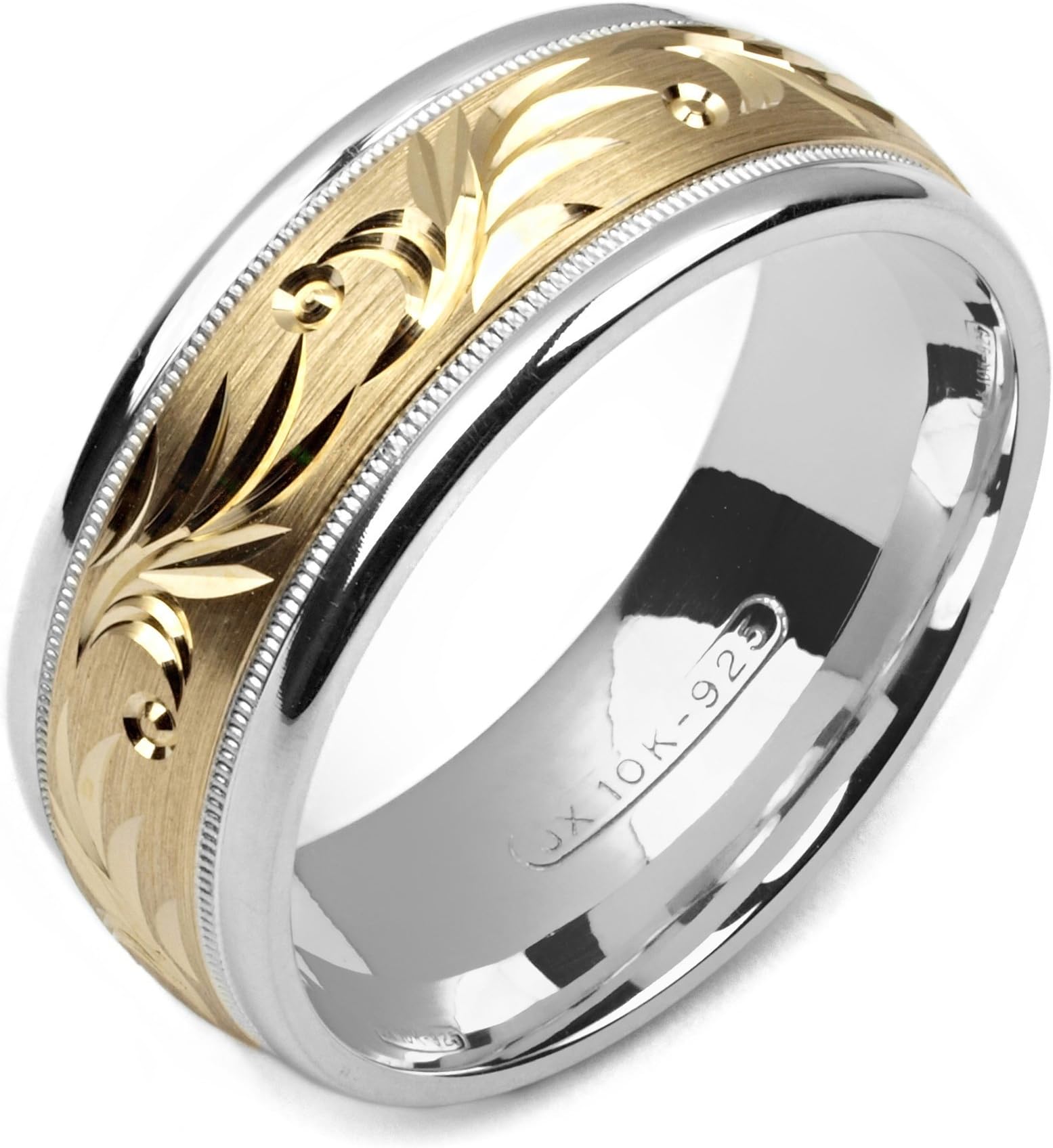 Two Tone .925 Sterling Silver and 10k Yellow Gold Ring 8mm Wide Comfort Fit Wedding Band Size 10