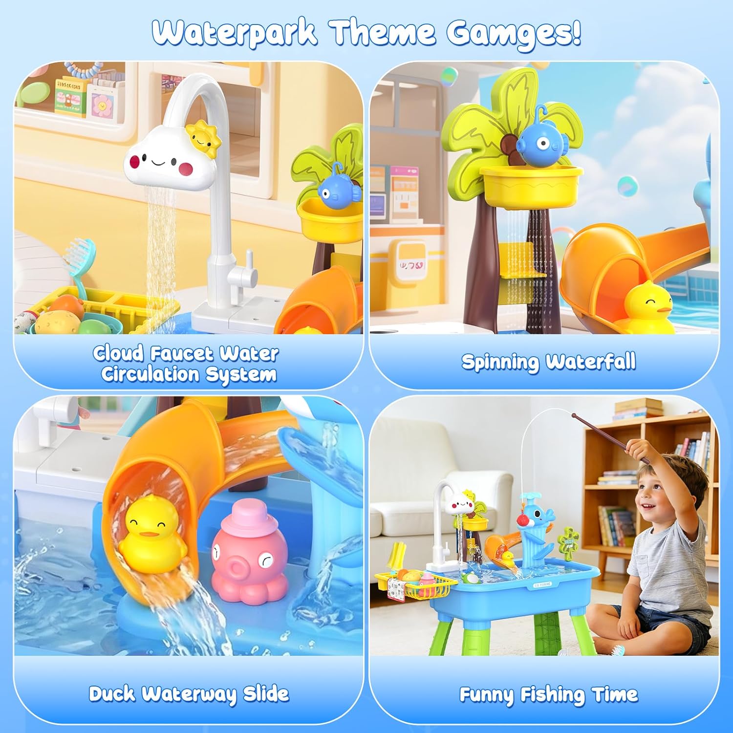 2026 Upgraded Water Table for Toddlers 1-3 - Outdoor Toys for Kids Ages 4-8 with Pump, Summer Outside Sensory Activity Pool Toys, Kitchen Play Sink Toy with Running Water, Fishing Toy, Blue