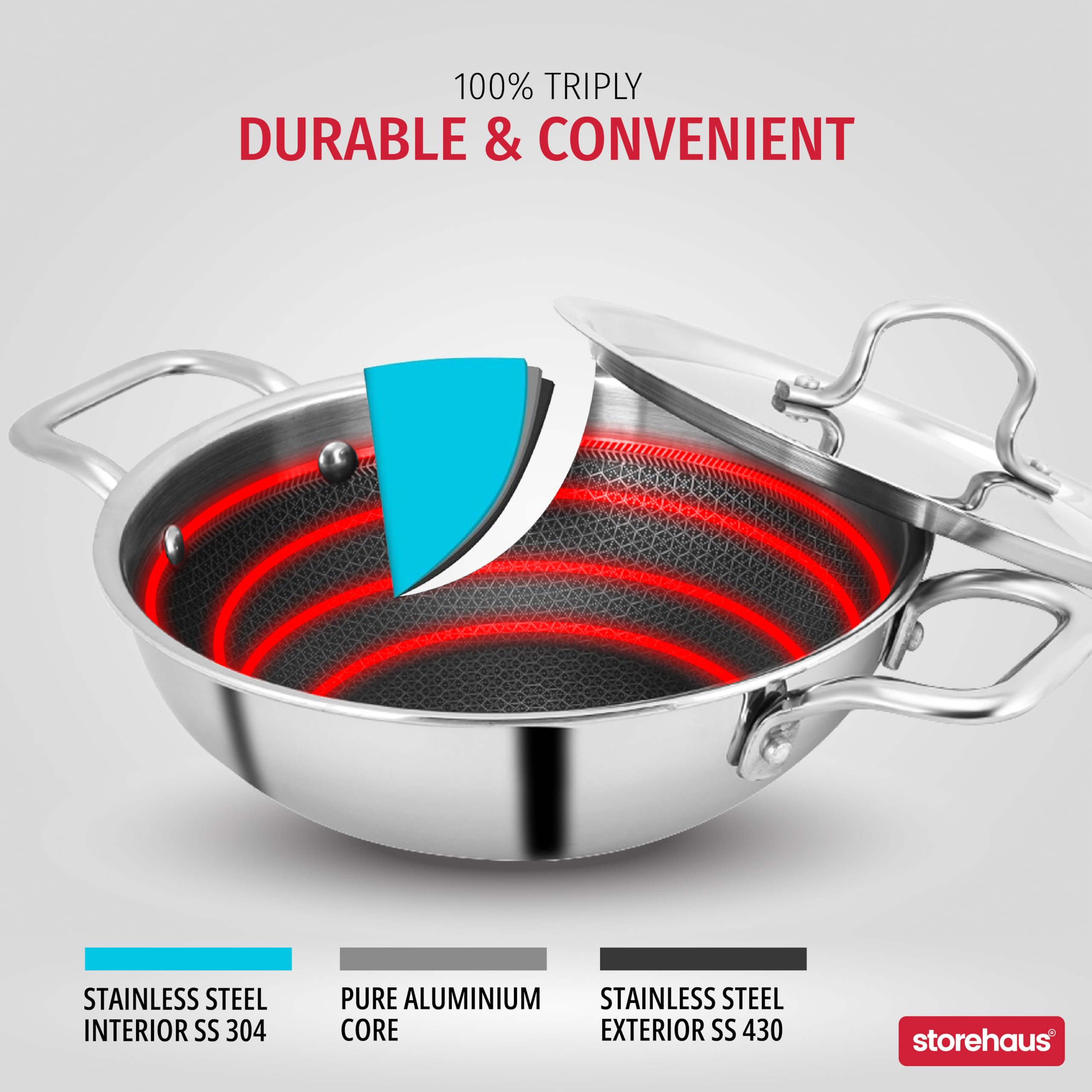 Storehaus Triply Stainless Steel Non Stick Kadai Honeycomb Surface with Lid, 2 L, 22 cm, Ideal for Curry/StirFry/DeepFry, Broad Hold Handles, Spatula Friendly, Induction & Gas Safe, 2 Years Warranty.
