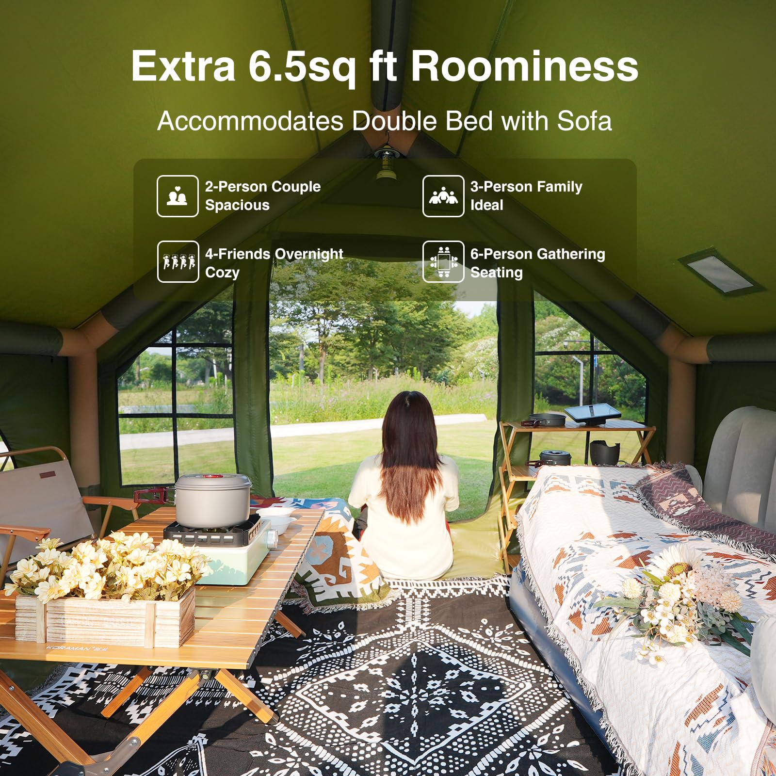 KNUO Aufblasbares Zelt für Camping, 4~6 Personen, großes aufblasbares Luftzelt, Keine Montage erforderlich, Luxus-Glamping-Zelt, 2,2 x 3 m, wasserdichtes Oxford, Feldgrün Sport & Freizeit