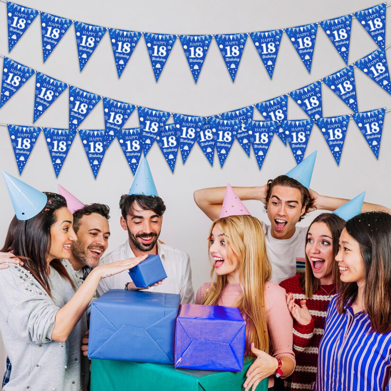 Wimpelkette Zum 18. Geburtstag – 3 Stück, Königsblau/weiß, Je 12 Flaggen – Geburtstagsdeko Für Jungs