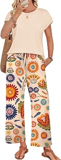 WIHOLL Women's Two Piece Lounge Set: Soft Polyester Cap Sleeve Top & Wide Leg Pants