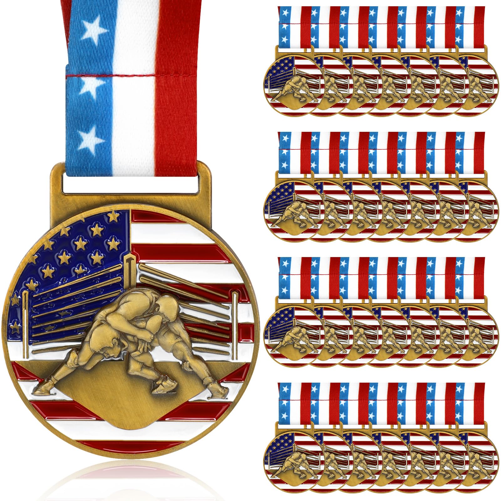 Loetere 30 Pieces Patriotic Medals Gold Medals Bulk Trophy with Neck Ribbons Spirit Medallion with Stars Stripes American Flag for Sports Trophy
