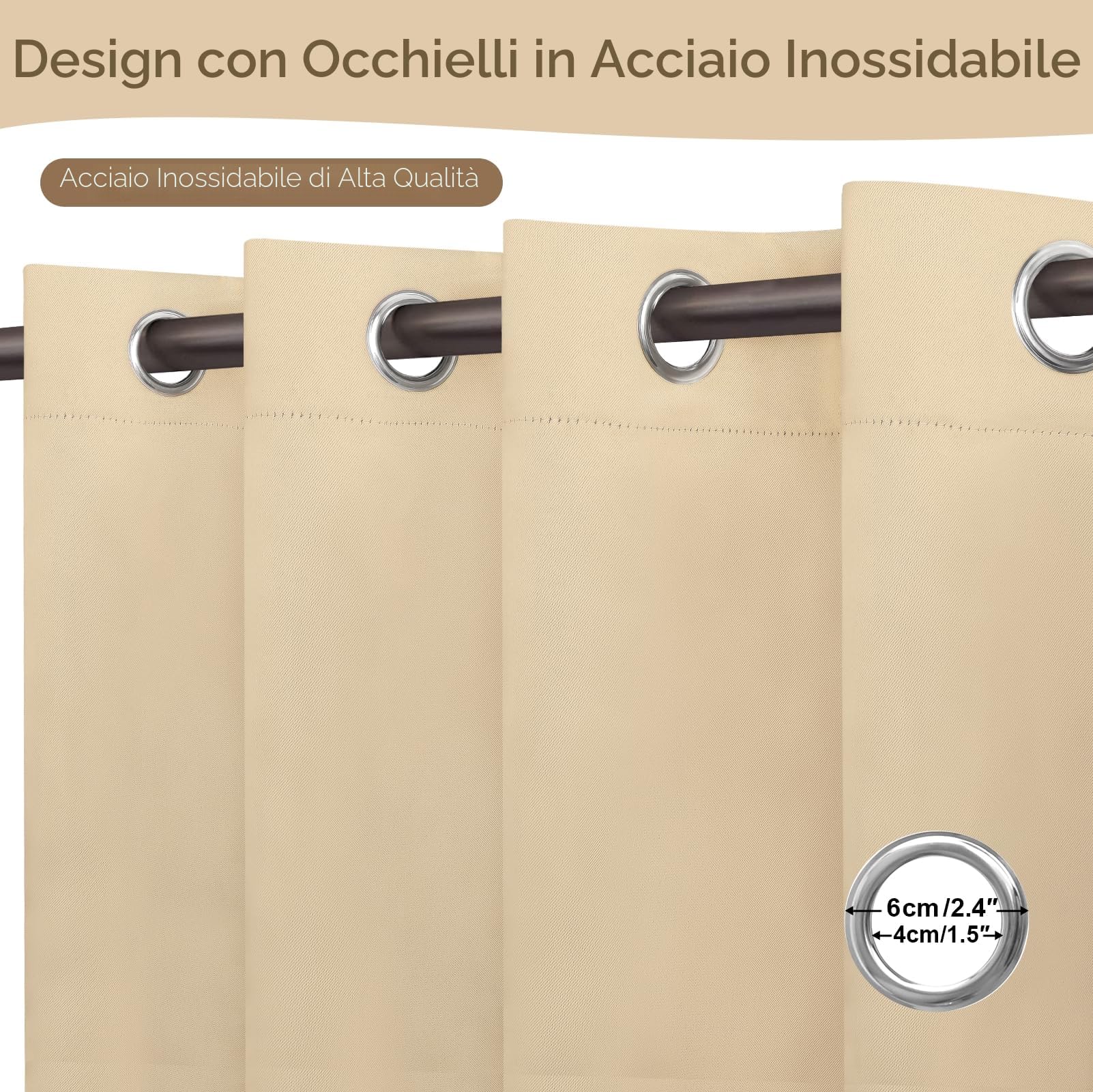 Tende da Esterno Impermeabile,2 Pezzi Tende per Esterno con Anelli,Tende per Gazebo Esterno Oscurante,Tende Idrorepellente per Esterni per Balconi,Terrazzo,Veranda,132x215cm,Beige