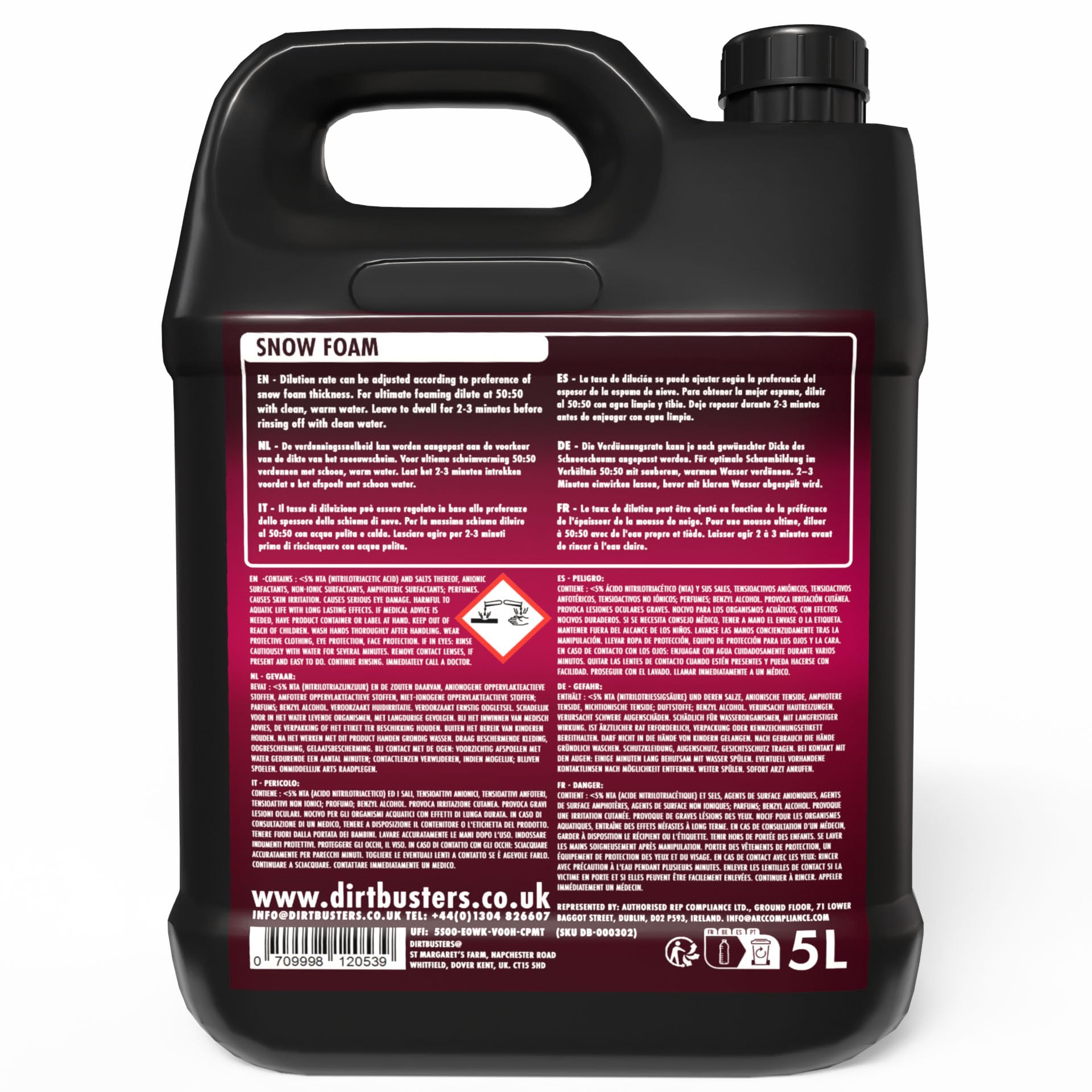 Dirtbusters Snow Foam Shampooing Mousse Nettoyant pour Entretien Professionnel de Voiture, avec Haute Brillance et Parfum Cerise - Lavage Auto pour Lance Canon Mousse De Neige, 5 litres