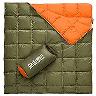 Gaialoop Down Puffy Blanket for 2 Person Car Camping Outdoor Travel Backpacking, 80% Duck Down & 20% Feather Lightweight Portable Soft Warm Cozy Camping Blanket Quilt, Olive Green