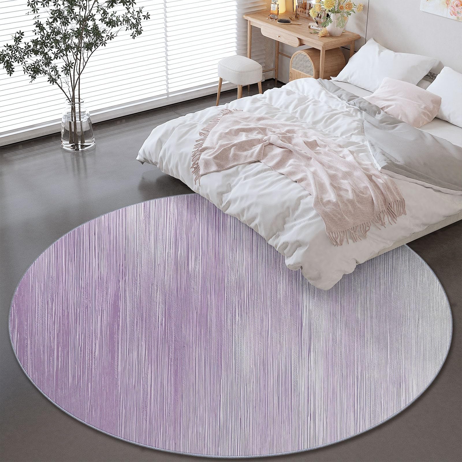 Alfombra Redonda Rayas Verticales Simples de Color Morado Claro Lavable a máquina, Antideslizante, de Pelo bajo y no desprende Pelo 120 cm (Round) para Sala de Estar, Dormitorio salón Salvia Rosa