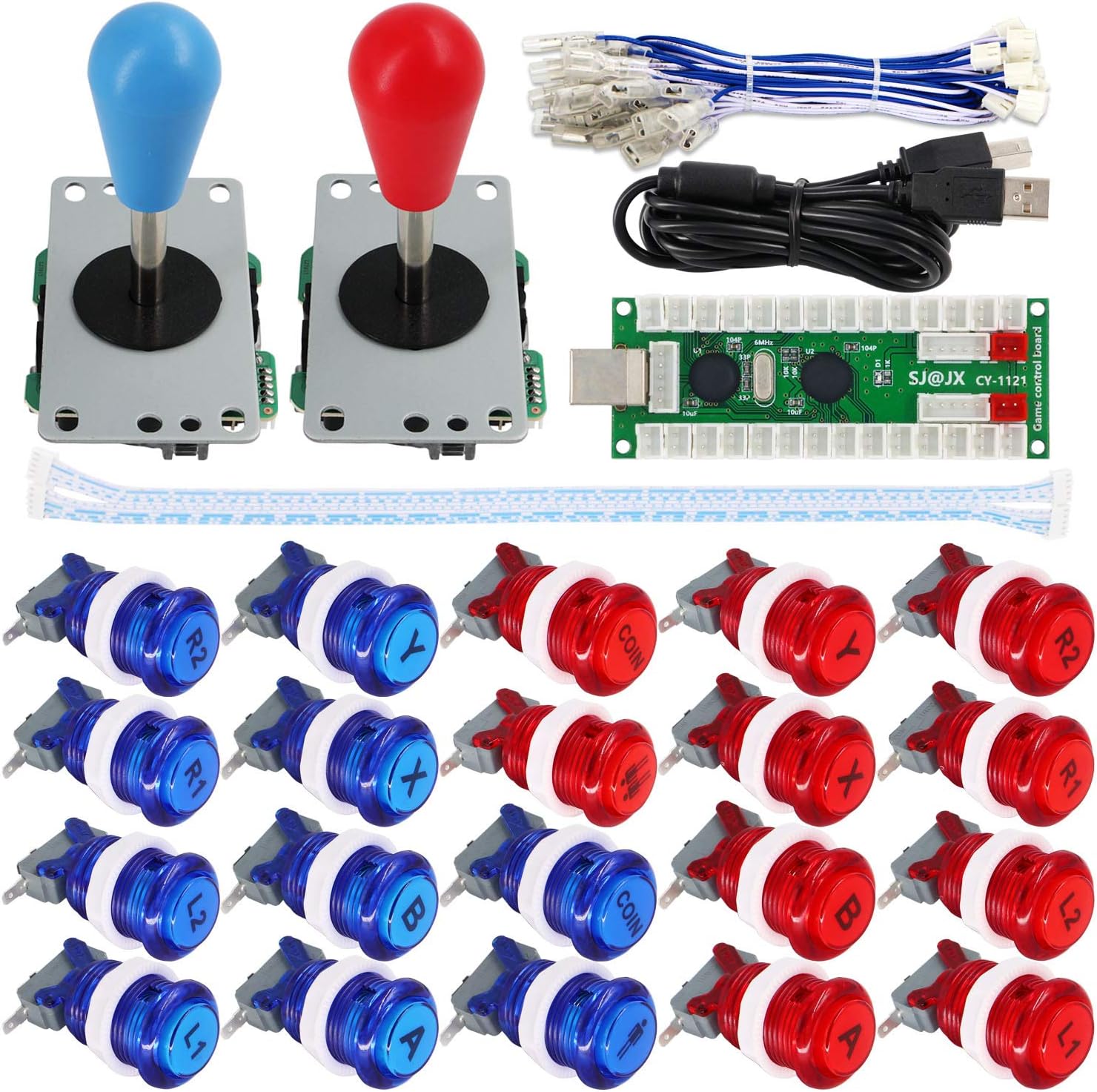 Arcade Game 2 Player Controller DIY Kit Buttons with Logo Coin X Y Start Select 8 Way Joystick USB Encoder for PC MAME Raspberry Pi
