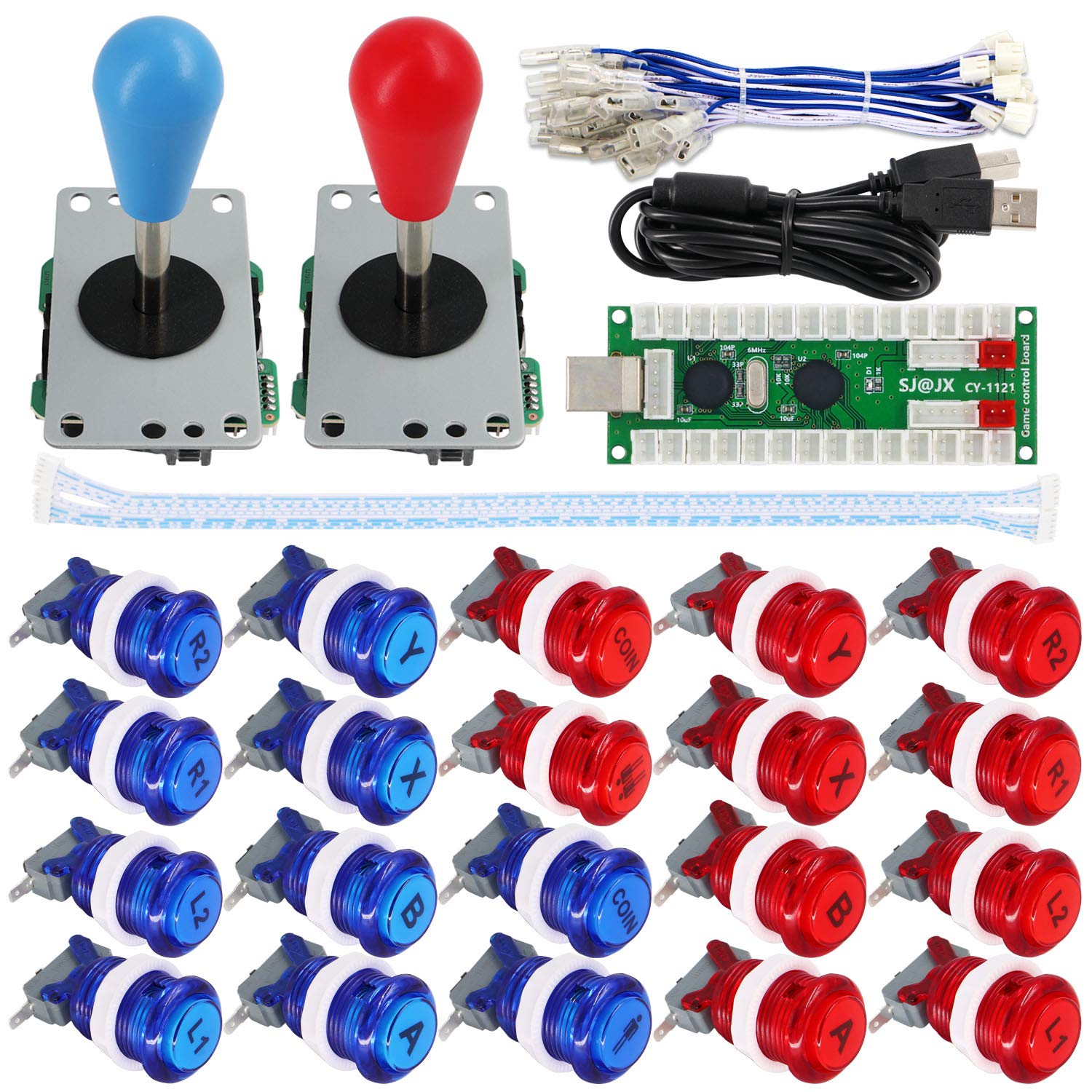 SJ@JX Arcade Game 2 Player Controller DIY Kit Buttons with Logo Coin X Y Start Select 8 Way Joystick USB Encoder for PC MAME Raspberry Pi
