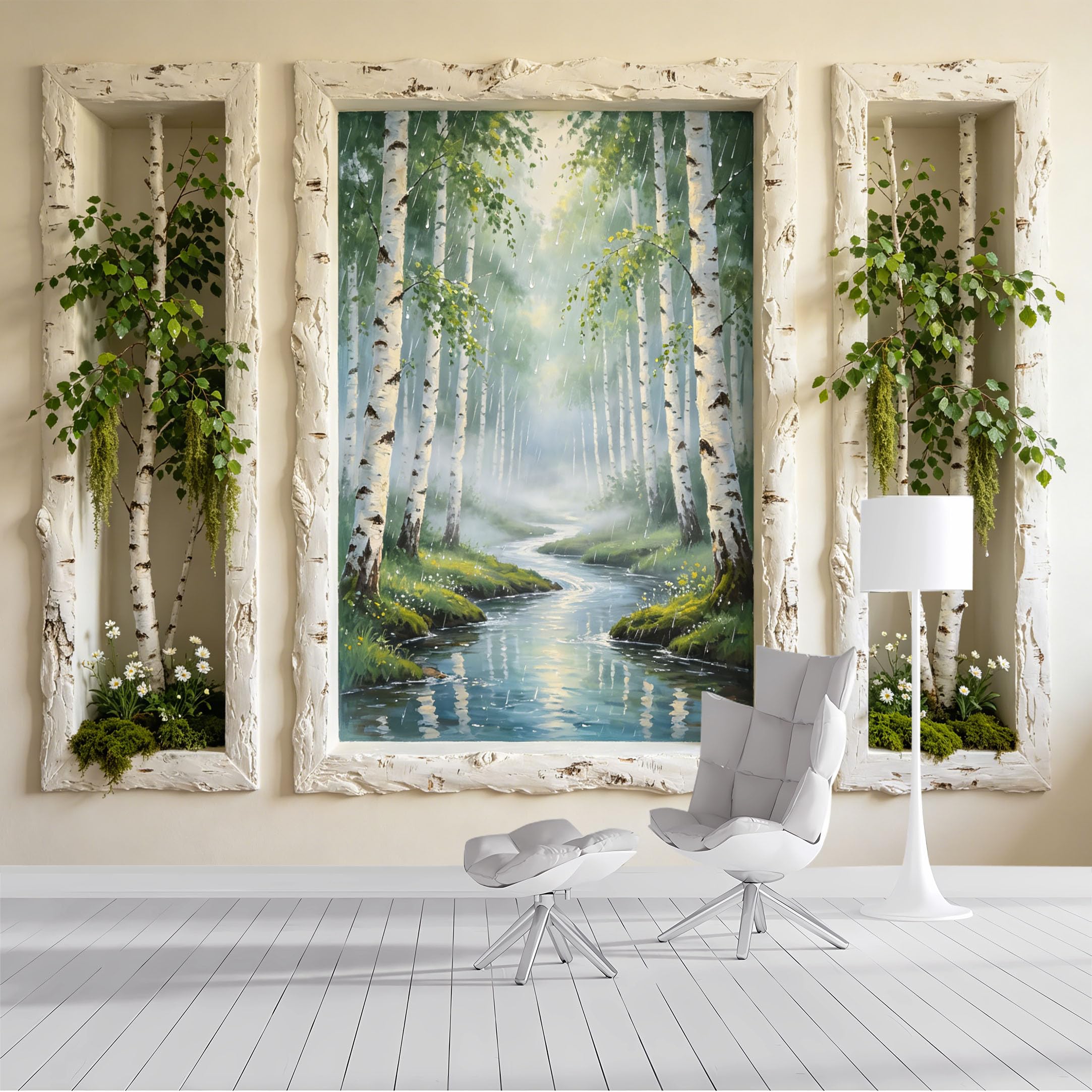 Custom Size Wall Mural Birch Forest Stream Rainy Day Oil Painting Impressionist Landscape SelfAdhesive Wall Fabric Removable Wallpaper Wall Decor for Living Room Bedroom Bathroom