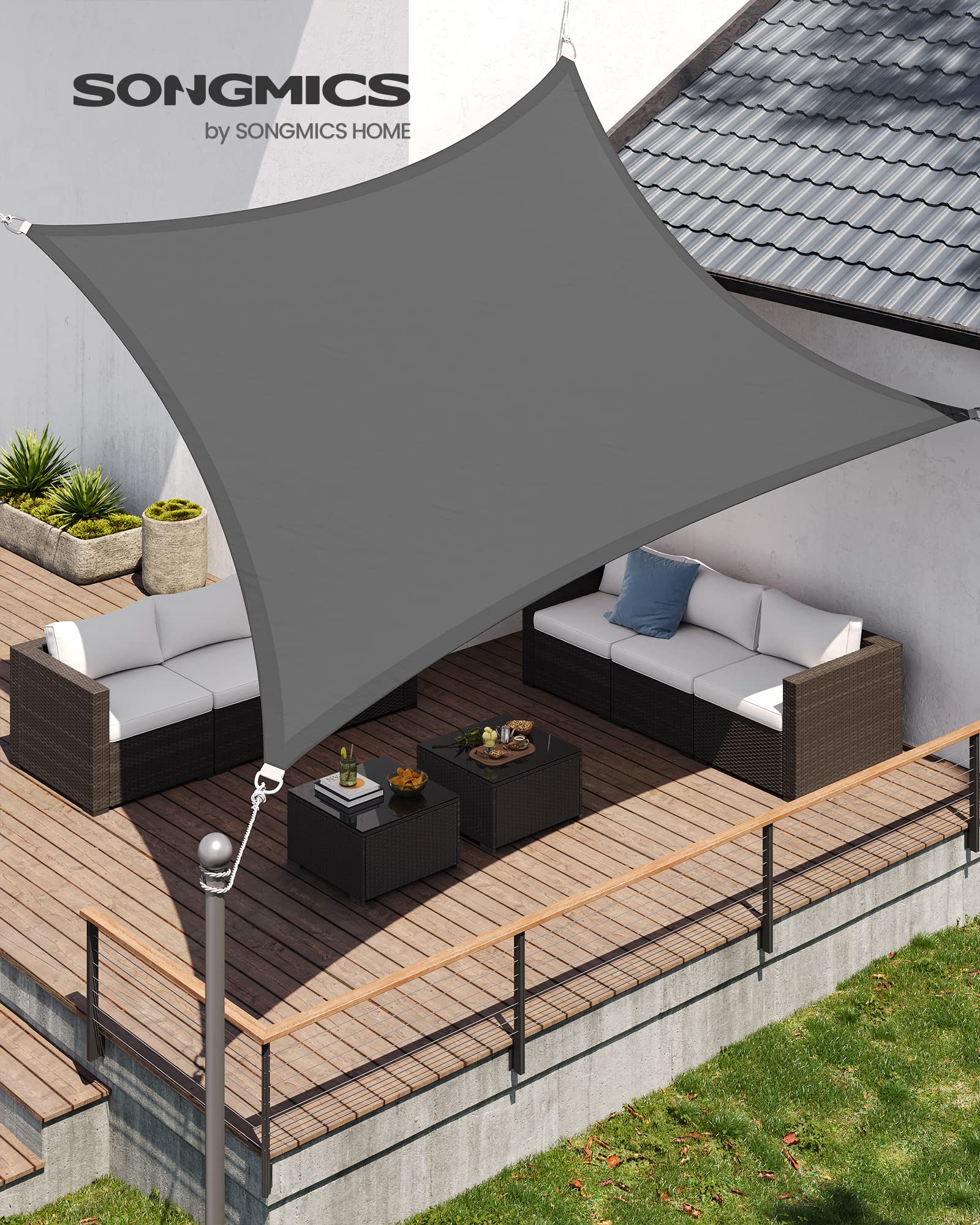 SONGMICS Vela Parasole 3 x 4 m, Impermeabile con Colonna d'Acqua 665 mm, Tenda da Sole Poliestere Antistrappo, Anti UV 93%, Terrazza Giardino Balcone, Rettangolare, Corde 2 m, Grigio Fumo GSH34GYV1