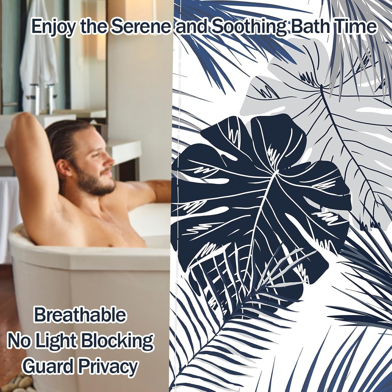 Navy Blue Tropical Shower Curtain Palm Leaf Blue Gray Shower Curtain for Bathroom Decor, Waterproof Fabric Set with Hooks, 70 x 78 Inches