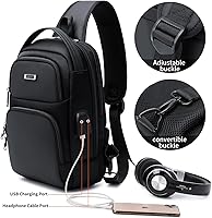 Vista 4 de DUSLANG Mochilas cruzadas de senderismo para hombres, mochila de hombro con puerto de cargador USB, Negro-b, Mediana, Mochilas Sling