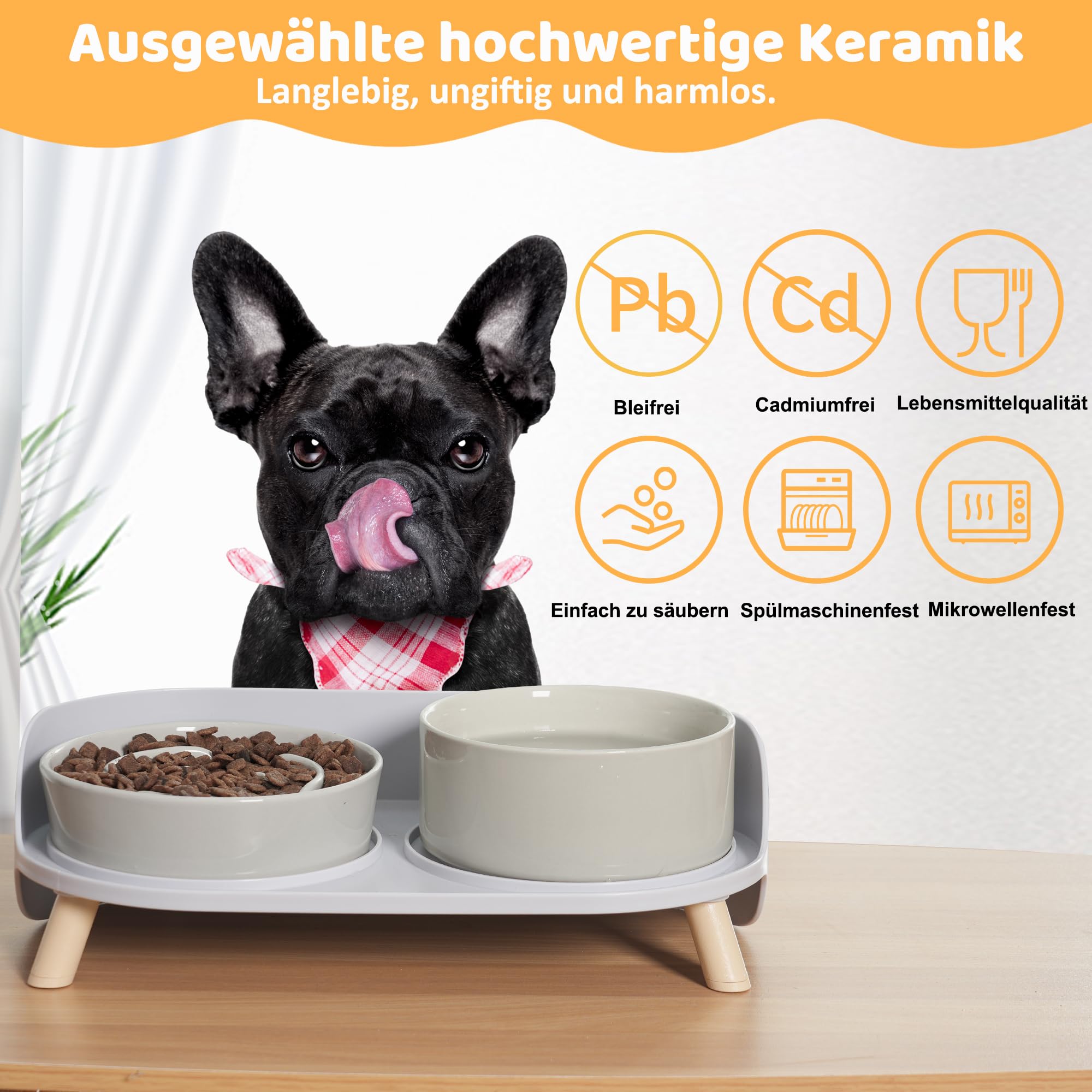 Antischlingnapf Hundnapf Erhöht Keramik Napfset - Doppel-Fressnapf für langsames Fressen - Futternapf & Wassernapf mit rutschfestem Kunststoff-Ständer - Für kleine und mittelgroße Hunde