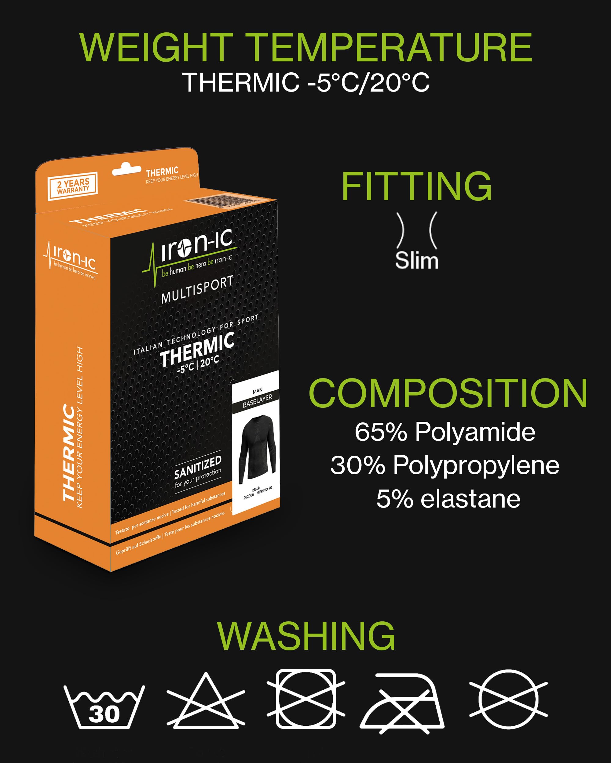 Iron-Ic - Camiseta térmica de manga larga para hombre sin costuras nivel 2, transpirable y antibacteriana, baselayer técnico para entrenamiento y al aire libre - Art. 201658