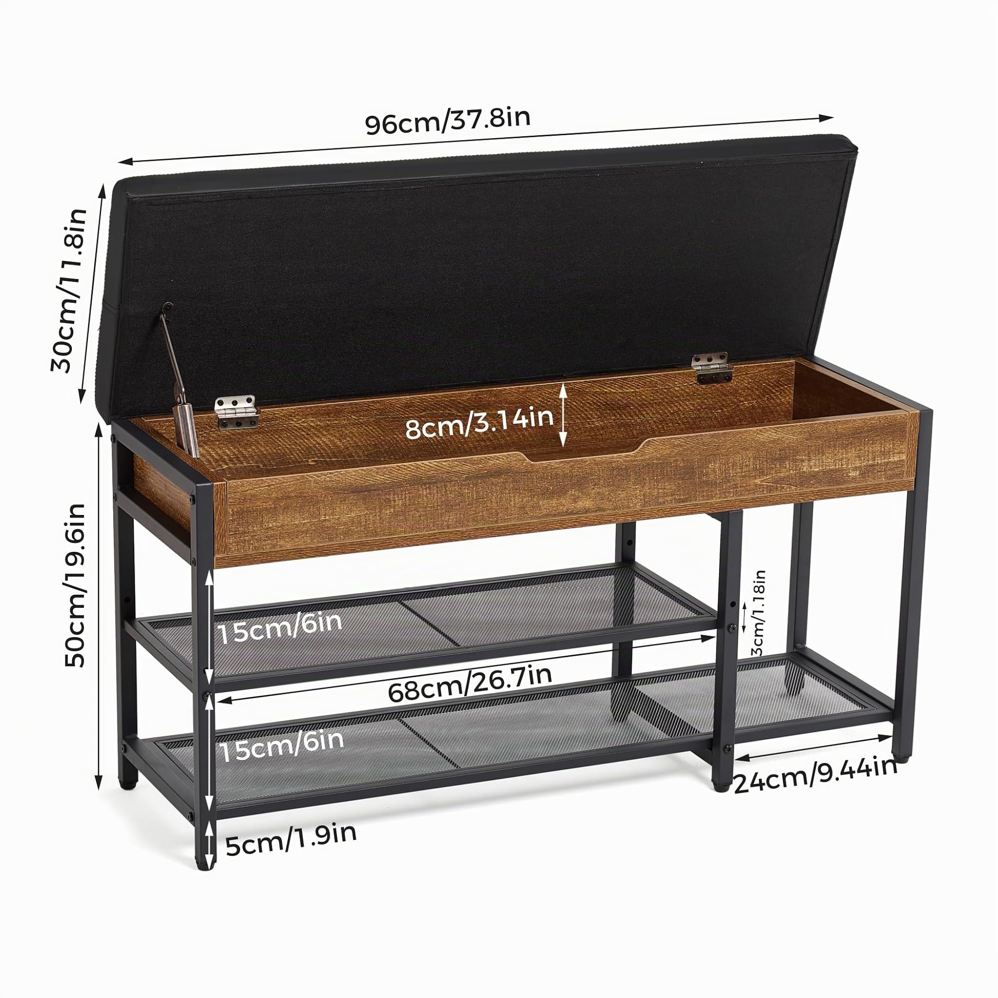 Mondeer Schuhbank mit Gepolstertem Sitzfläche, Schuhregal mit 2 verstellbares Gitterablagen Stauraum unter dem Deckel Industriestil für Flur Eingang Schlafzimmer, 96 x 30 x 50 cm, Vintagebraun-schwarz