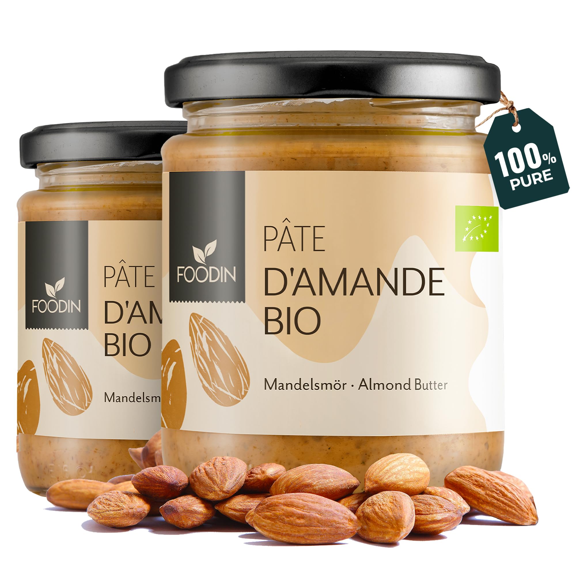 FOODIN Beurre d’amande brun, pâte à tartiner au beurre d’amande bio, bonne source de protéines et d’acides gras, 100% amande, sans gluten et végétalien (2 x 250g)