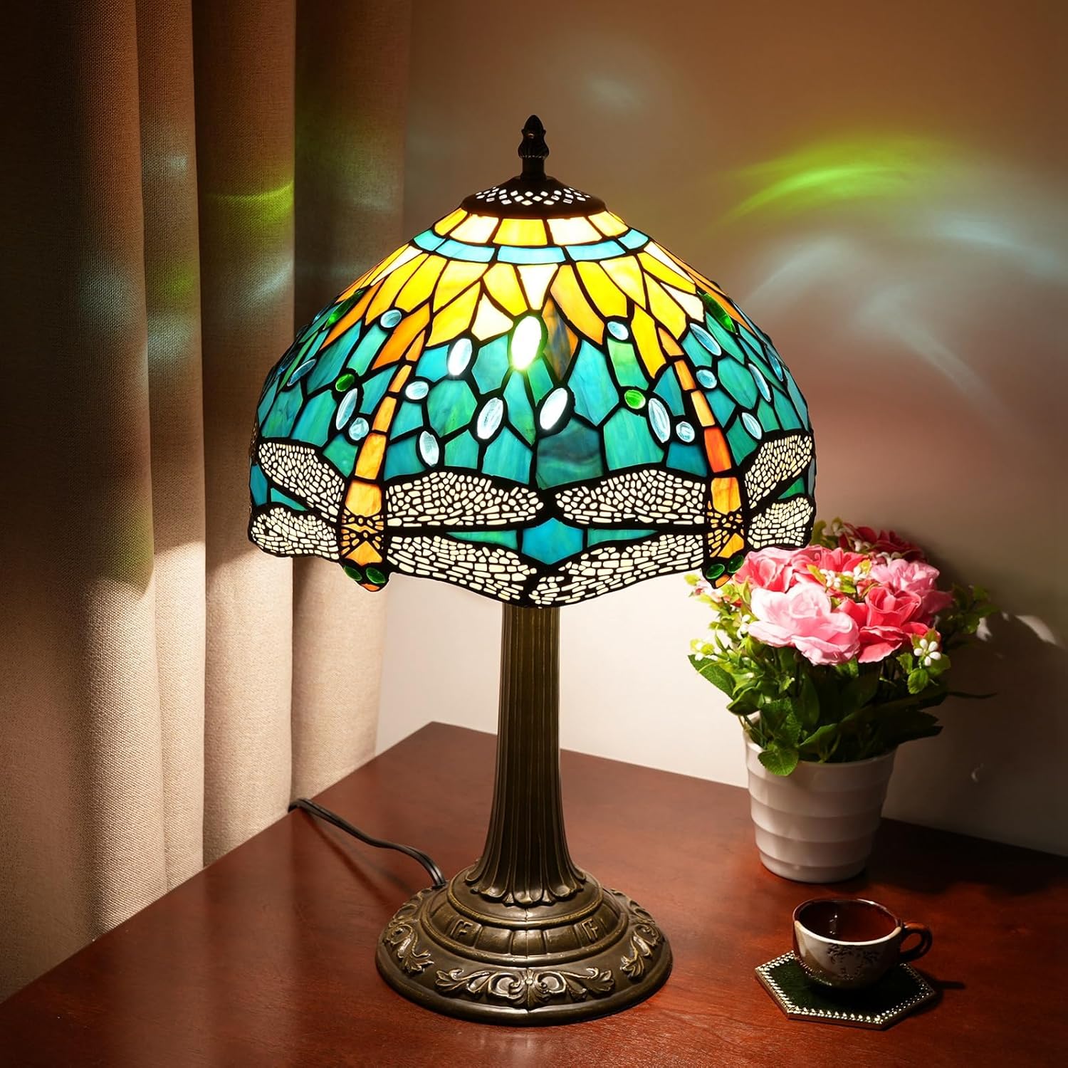 Blivuself Vintage Dragonfly Tiffany Style Stained Glass End Table Lamp