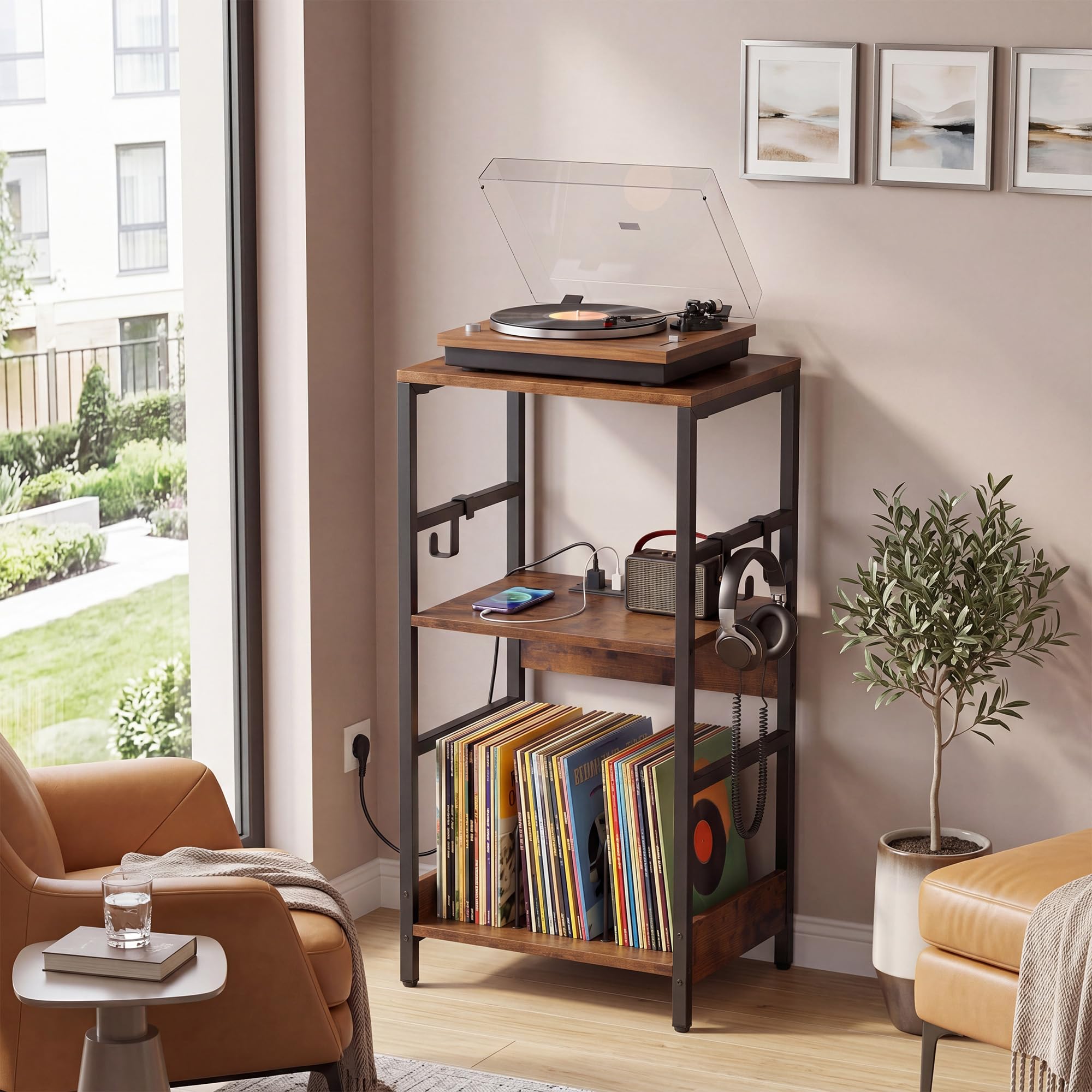 GIANTEX Mobile per Giradischi, Supporto per Vinile con Stazione di Ricarica, Ampio Piano, Ripiano Porta Vinili e 3 Ganci, Mobile Porta Giradischi per Soggiorno e Studio, 40 x 30 x 78 cm