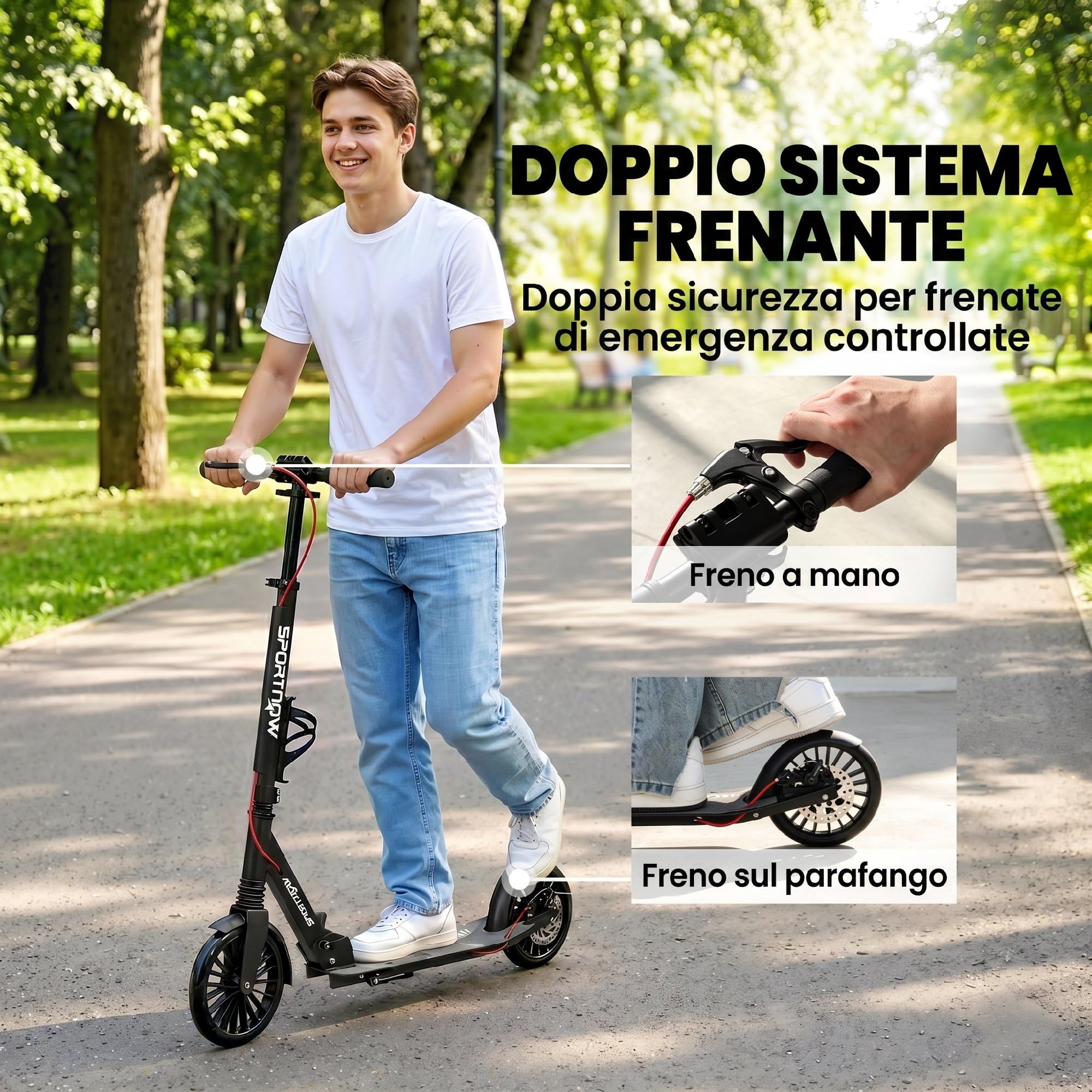 SPORTNOW Monopattino Adulto Pieghevole con Manubrio Regolabile, Scooter Pieghevole in Alluminio con un Solo Clic, Ruote Grandi di 200 mm, Ammortizzatore, Doppio Freno, ABEC-7, Portata 100 kg, Argento